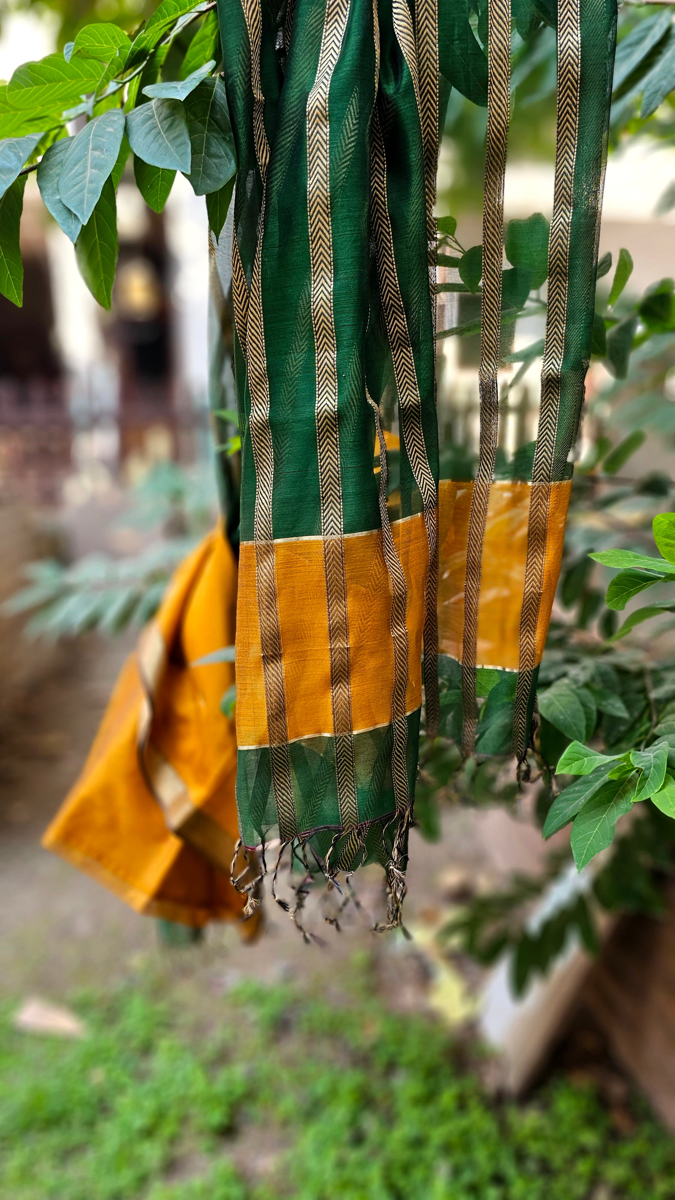 Mustard Yellow Top & Emerald Green Dupatta with 16 Gold Zari Borders