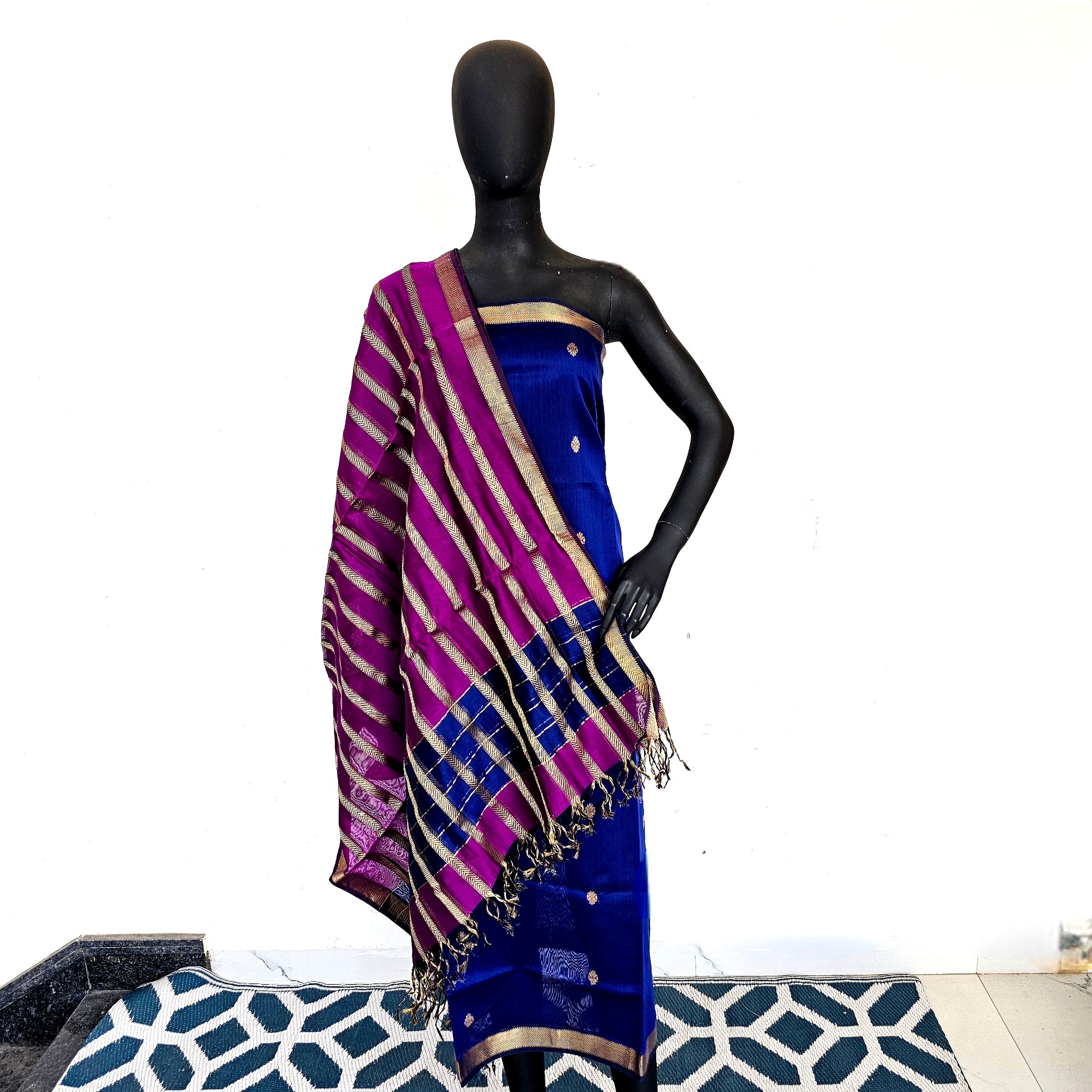 Royal Bliss: Top and Dupatta Extravaganza in Purple and Blue with 16 Gold Zari Borders.