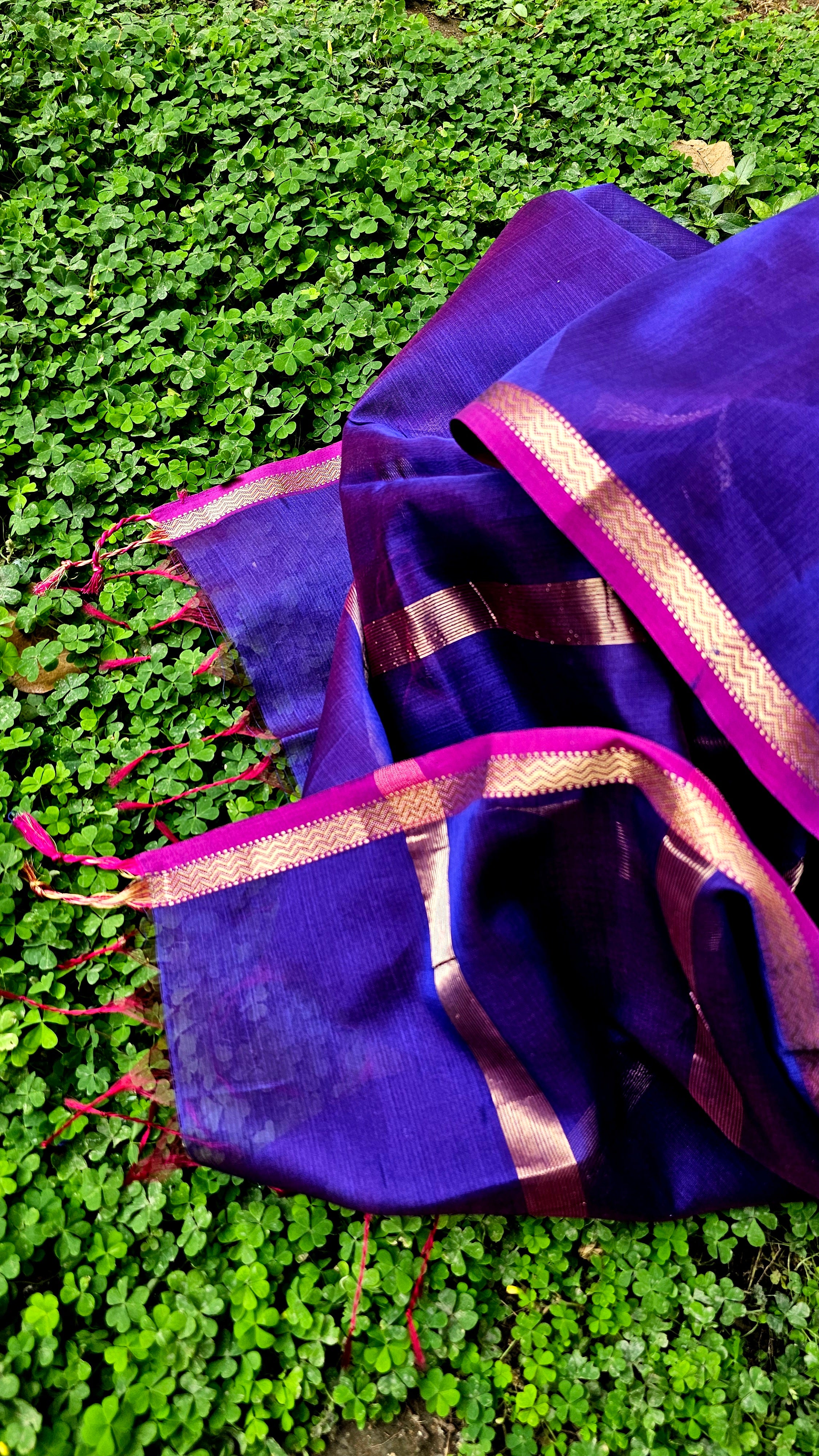 Dupatta in cross shade of Blue and Red with Pink/Gold Zari Borders.