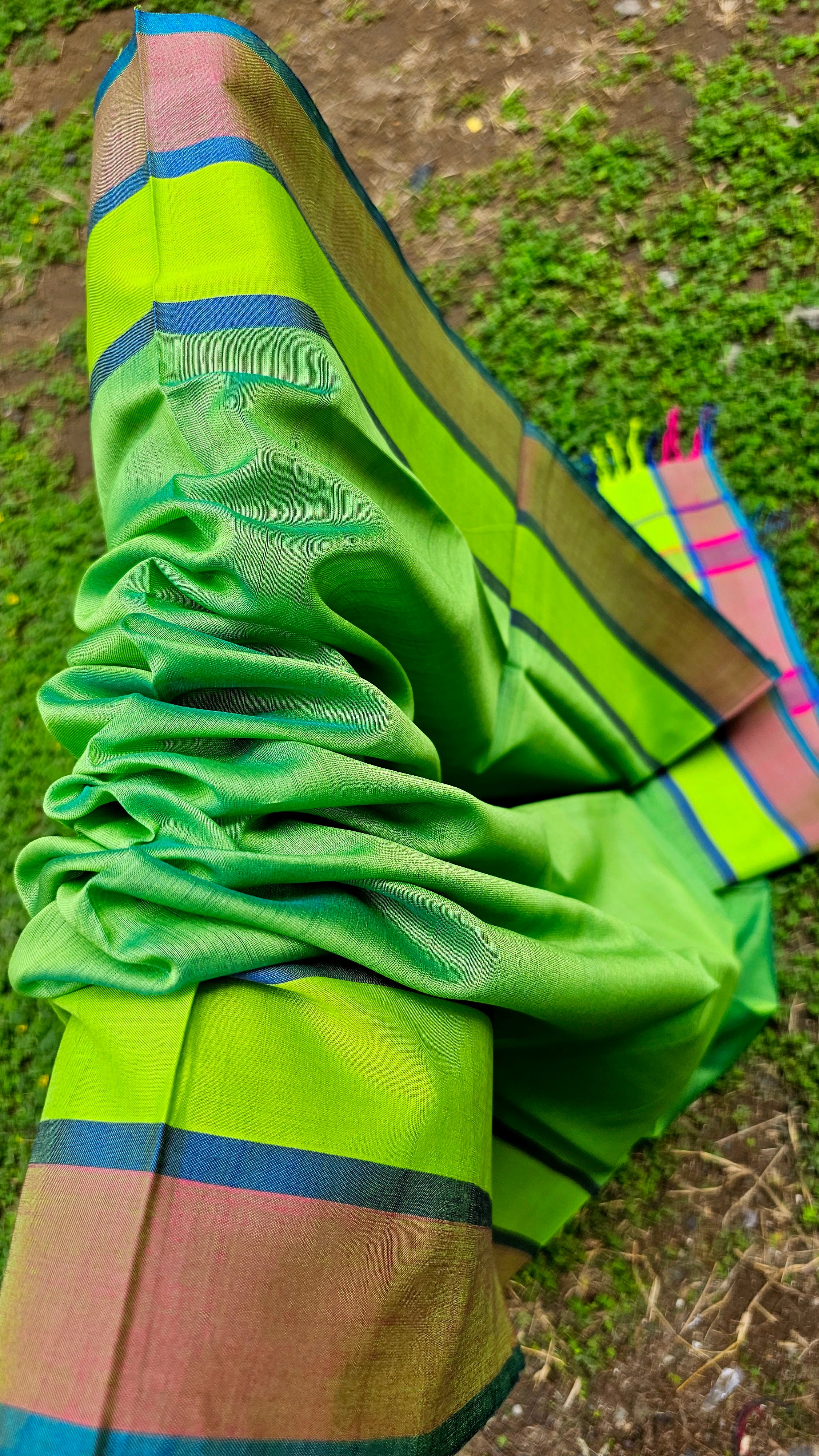 Green Dupatta with Multicolor Borders.