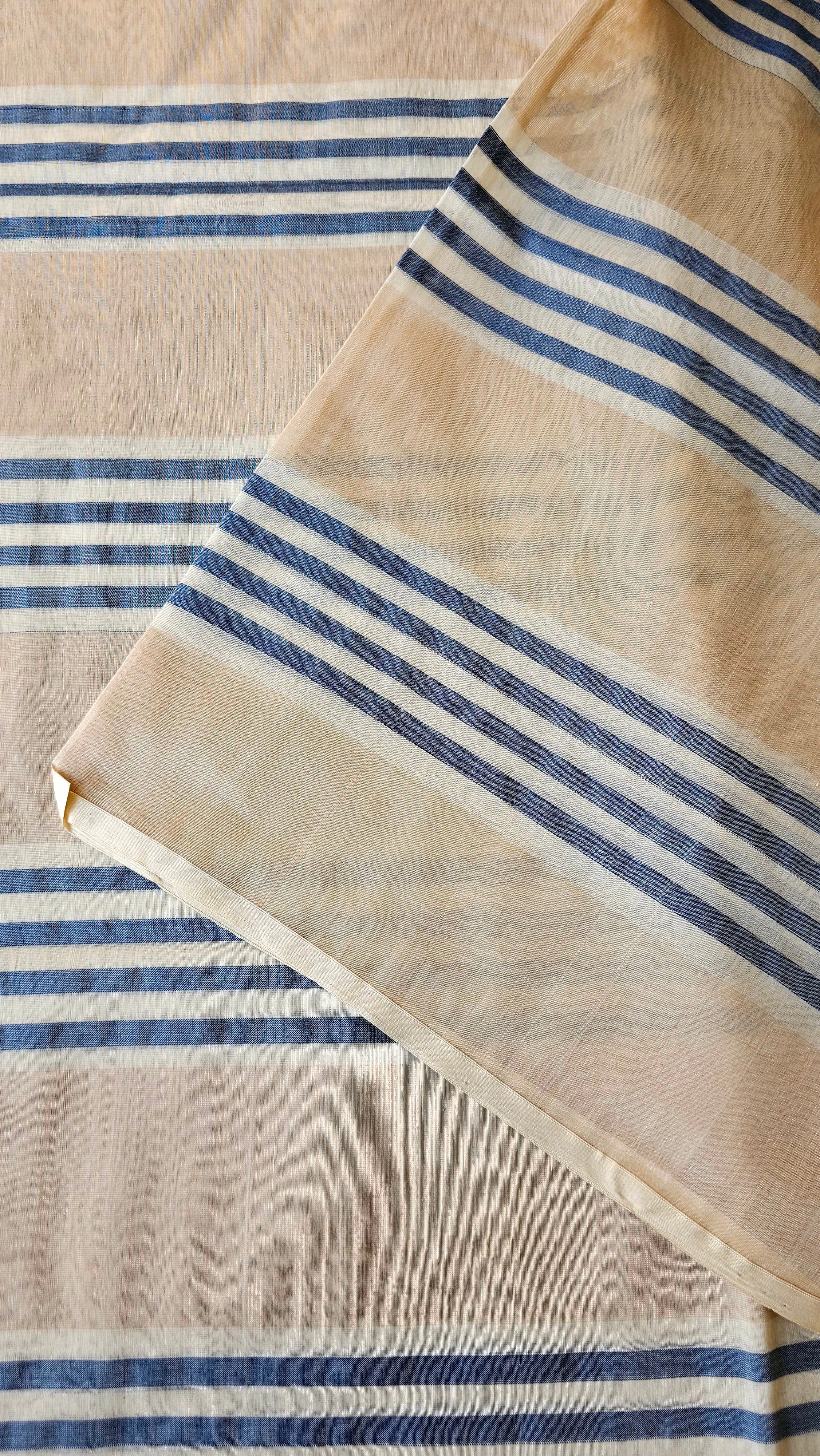 Fabric with Warp Stripes of Navy Blue and Beige. 