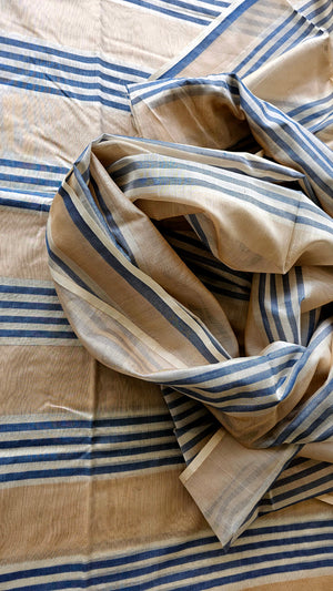 Fabric with Warp Stripes of Navy Blue and Beige. 