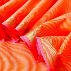 Pure Cotton Fabric with Warp Stripes and "V" Gold Zari Borders.