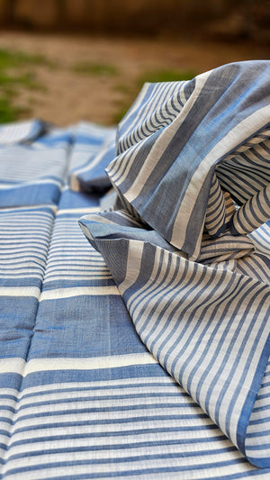 Fabric with Warp Stripes of Blue and White. 