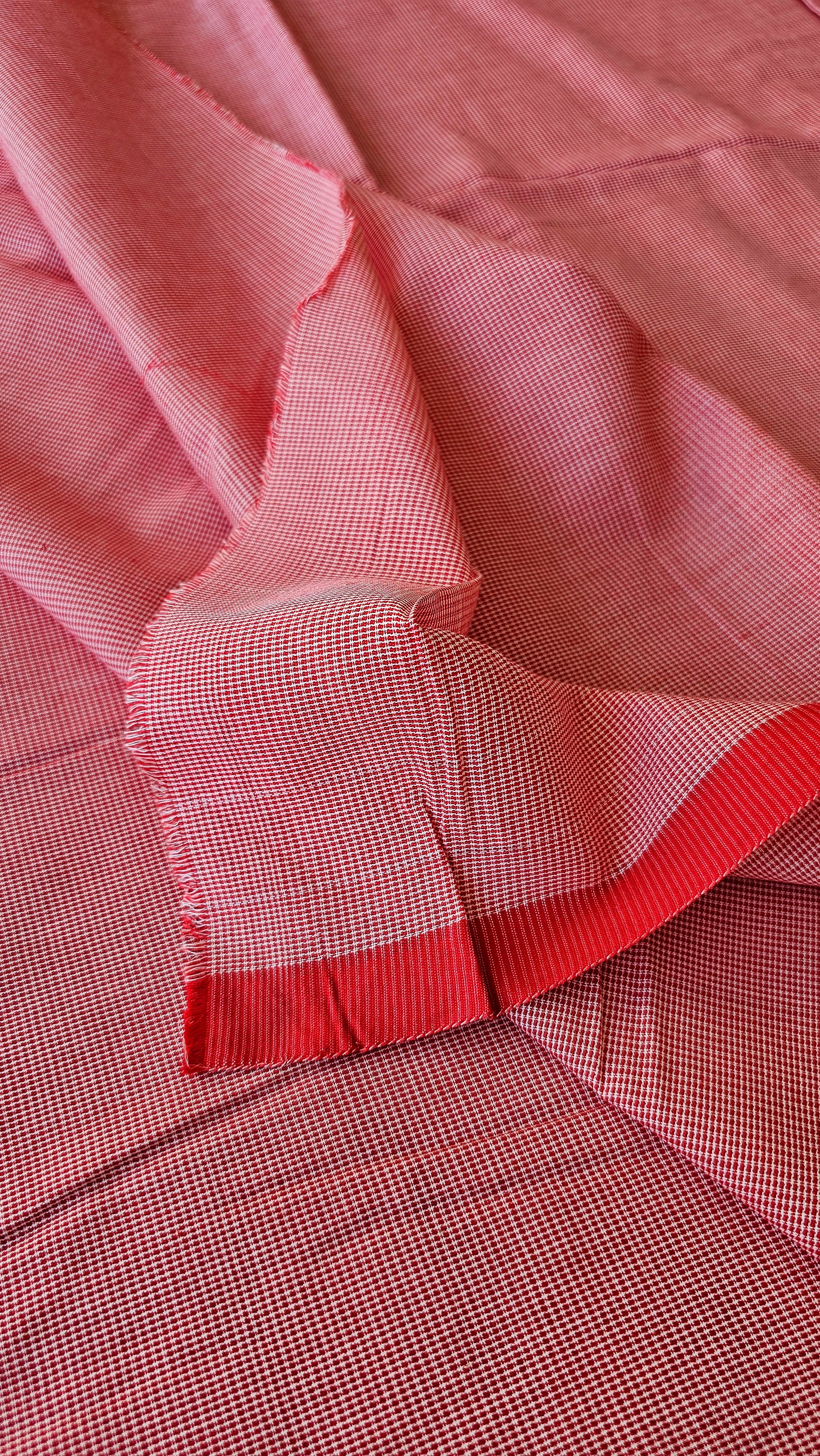 Red & White fine Checks Fabric in pure Cotton Texture.