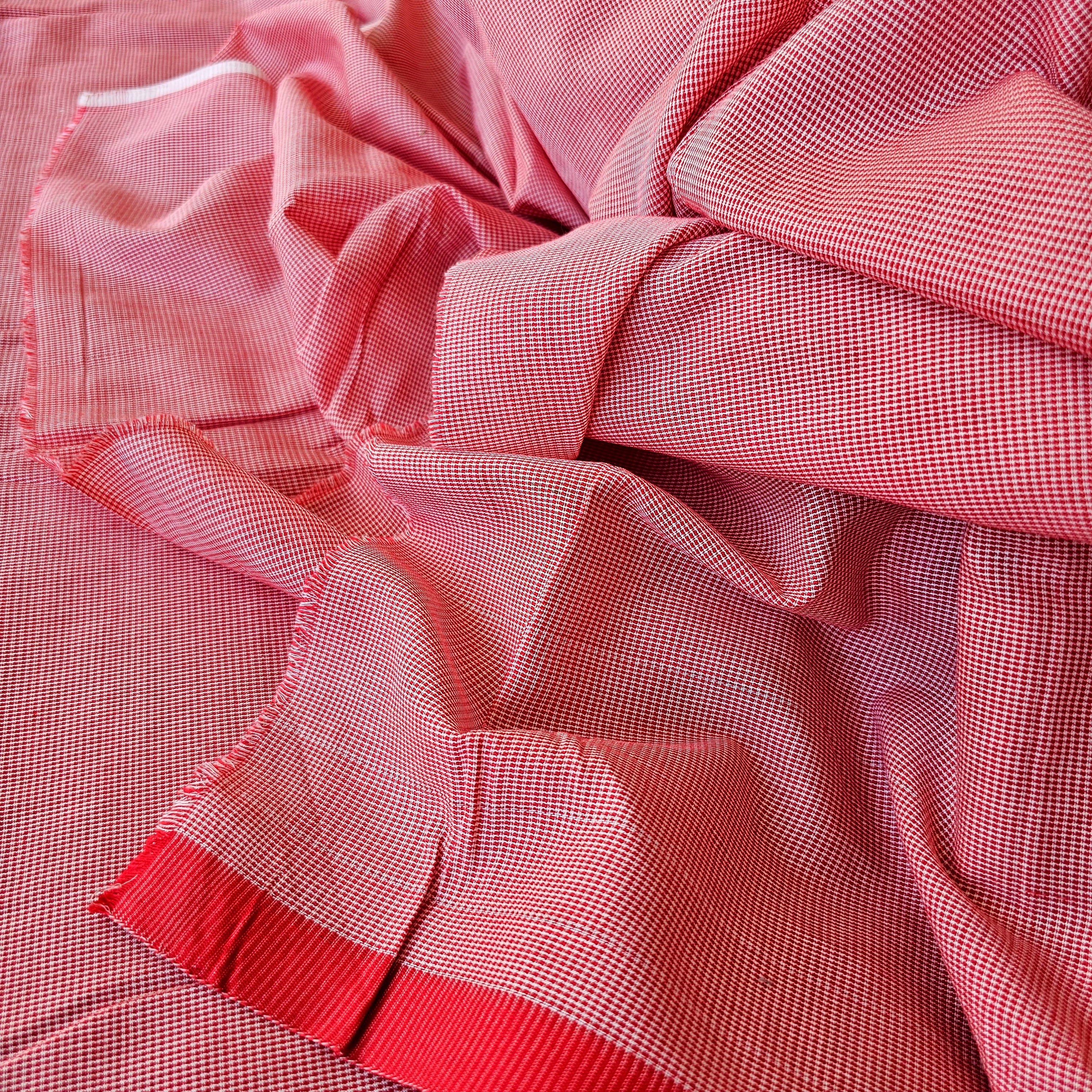 Red & White fine Checks Fabric in pure Cotton Texture.