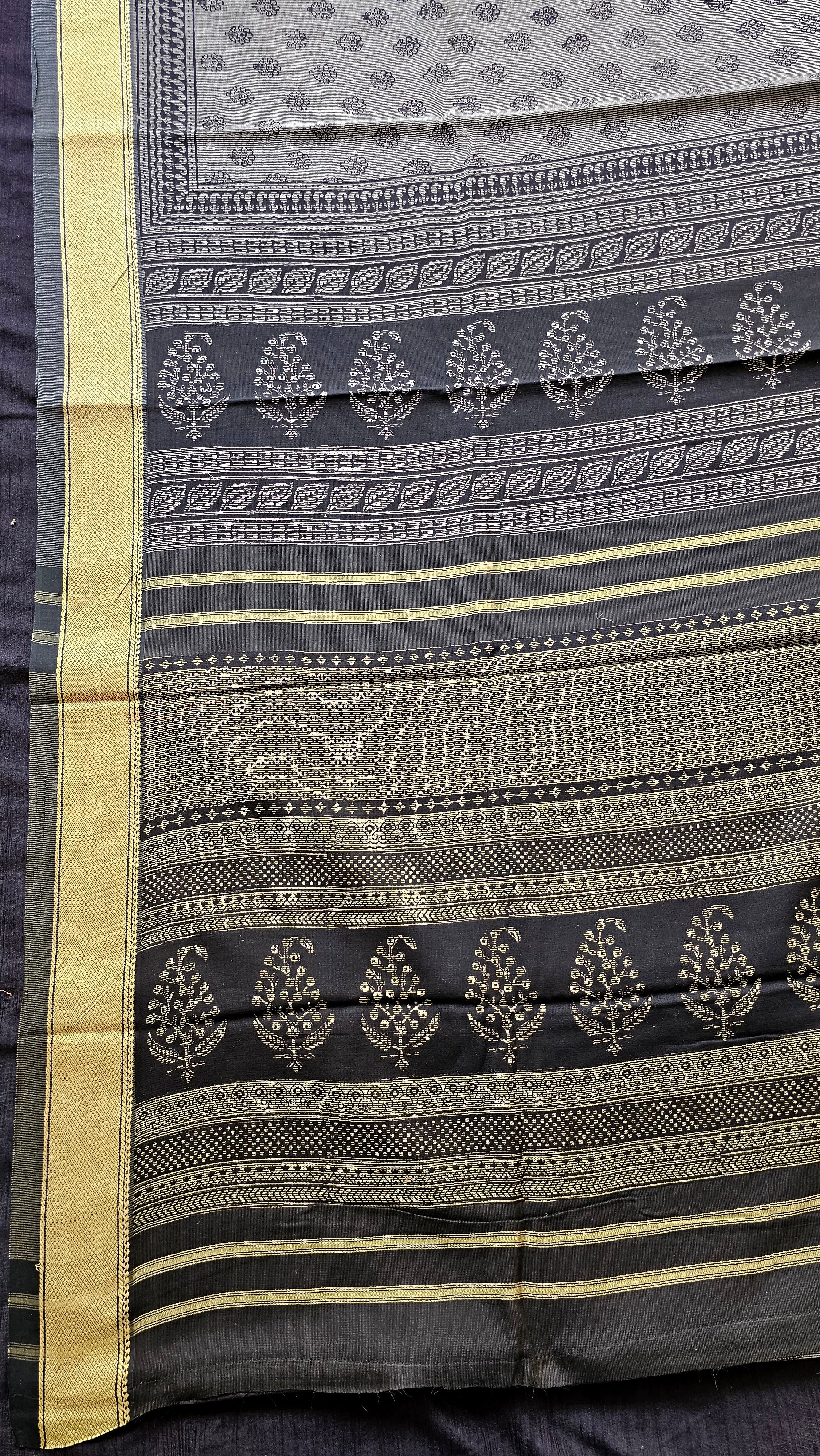 1×1 Weft Stripe Saree with Pale Yellow thread Chatai Borders and Bagh Prints.