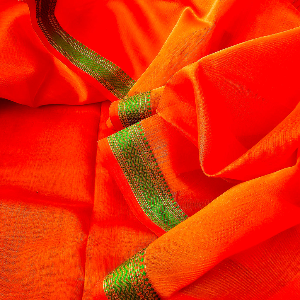 Bright Orange Saree with Green Resham Borders.