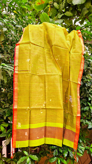 Green Dupatta with Rani Pink Weft Stripes and Red/Gold Zari Borders.