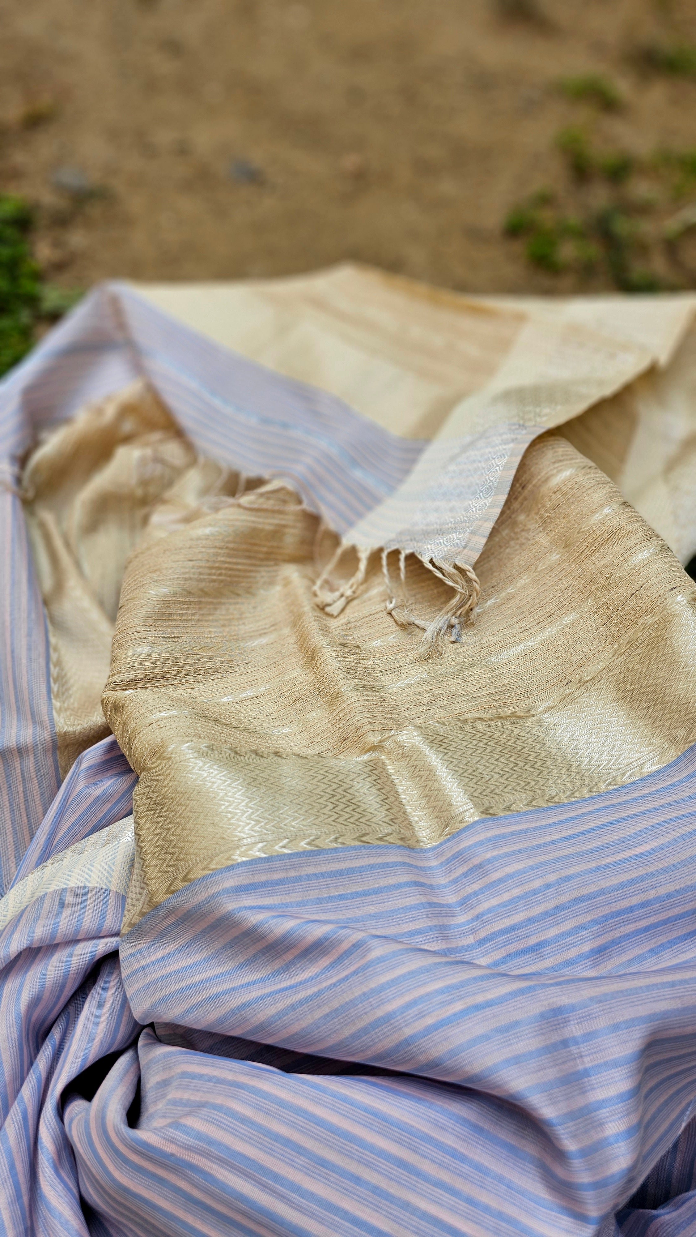 Weft Stripes Saree with 2 ply silk in Warp, Extra weft Kosa Pallu and Silver Zari Borders.