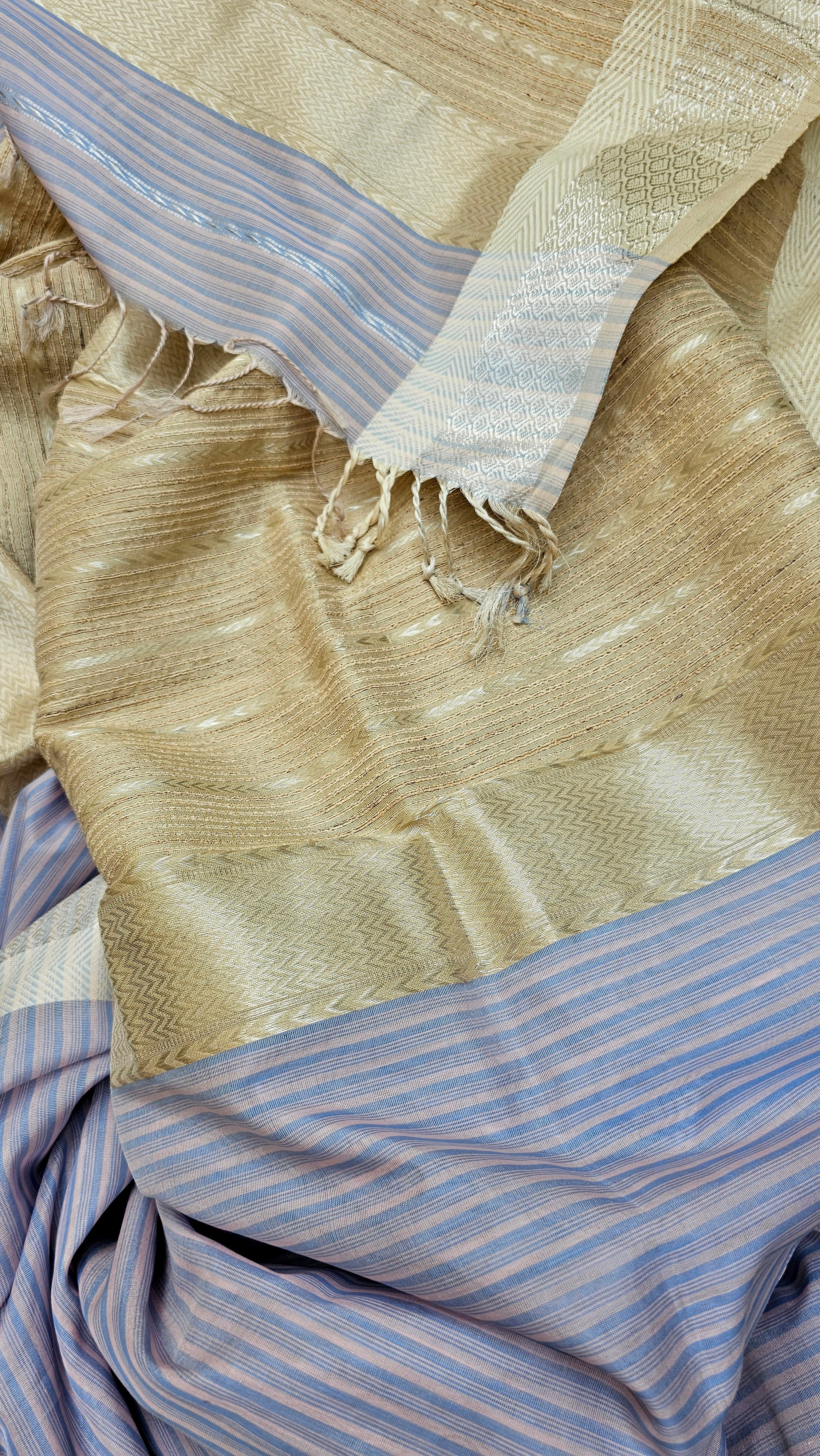 Weft Stripes Saree with 2 ply silk in Warp, Extra weft Kosa Pallu and Silver Zari Borders.