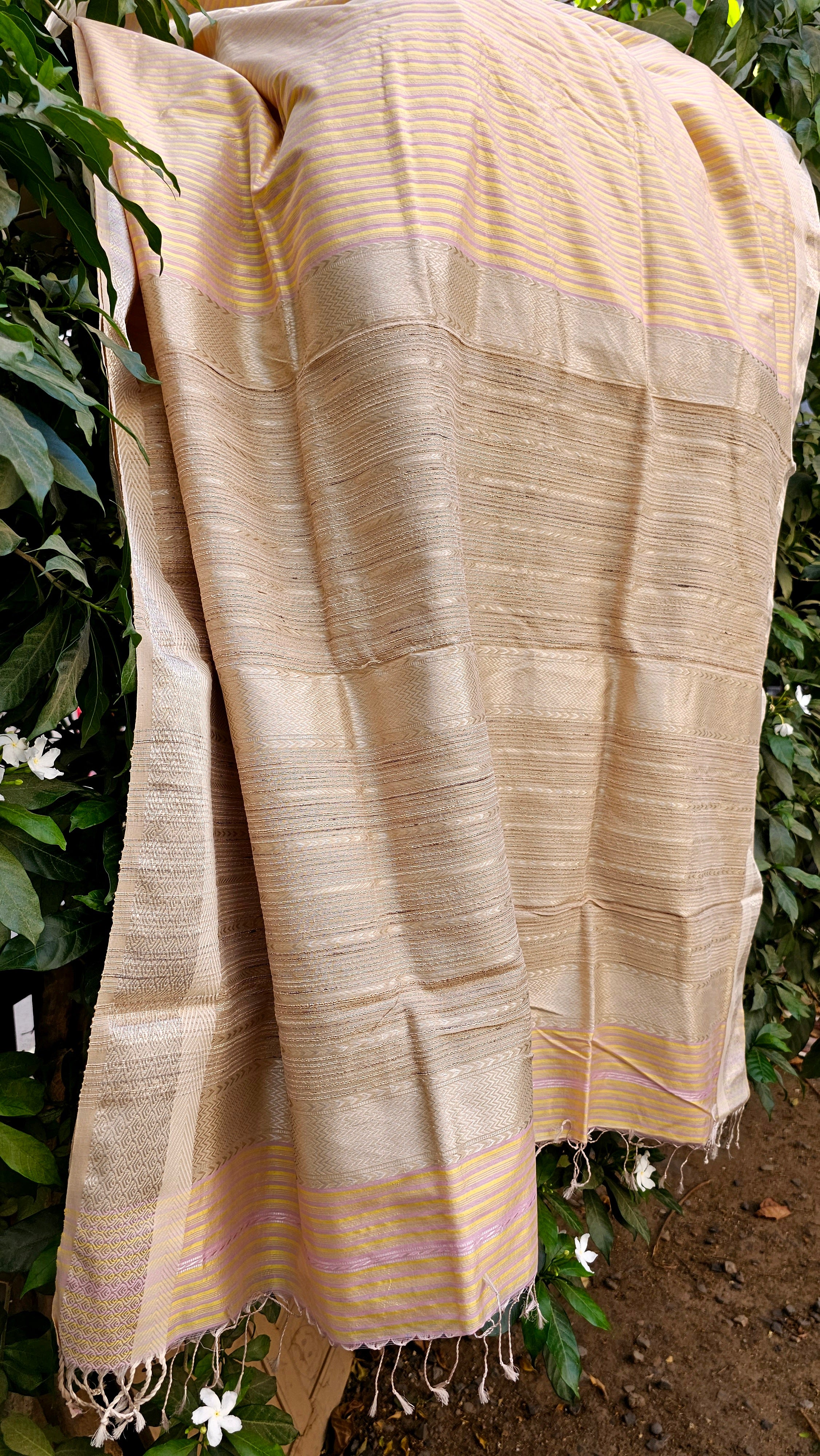 Silk×Silk Saree with Weft Stripes and Silver Zari Borders along with Extra Weft Kosa Palla