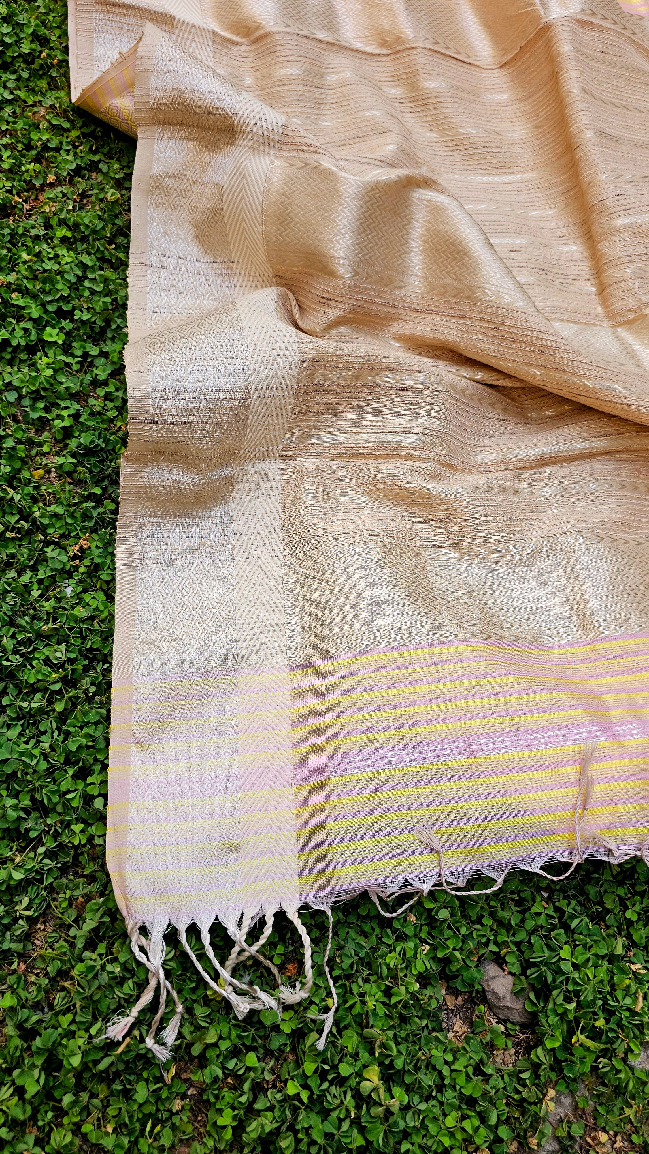 Silk×Silk Saree with Weft Stripes and Silver Zari Borders along with Extra Weft Kosa Palla