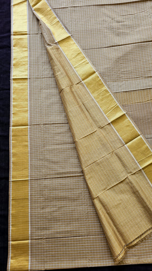 Special Texture Saree with 3 Shuttle Checks and Traditional Gold Zari Borders.