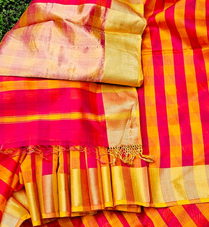 Bold Checks Saree with Gold Zari Borders and Tissue Palla.