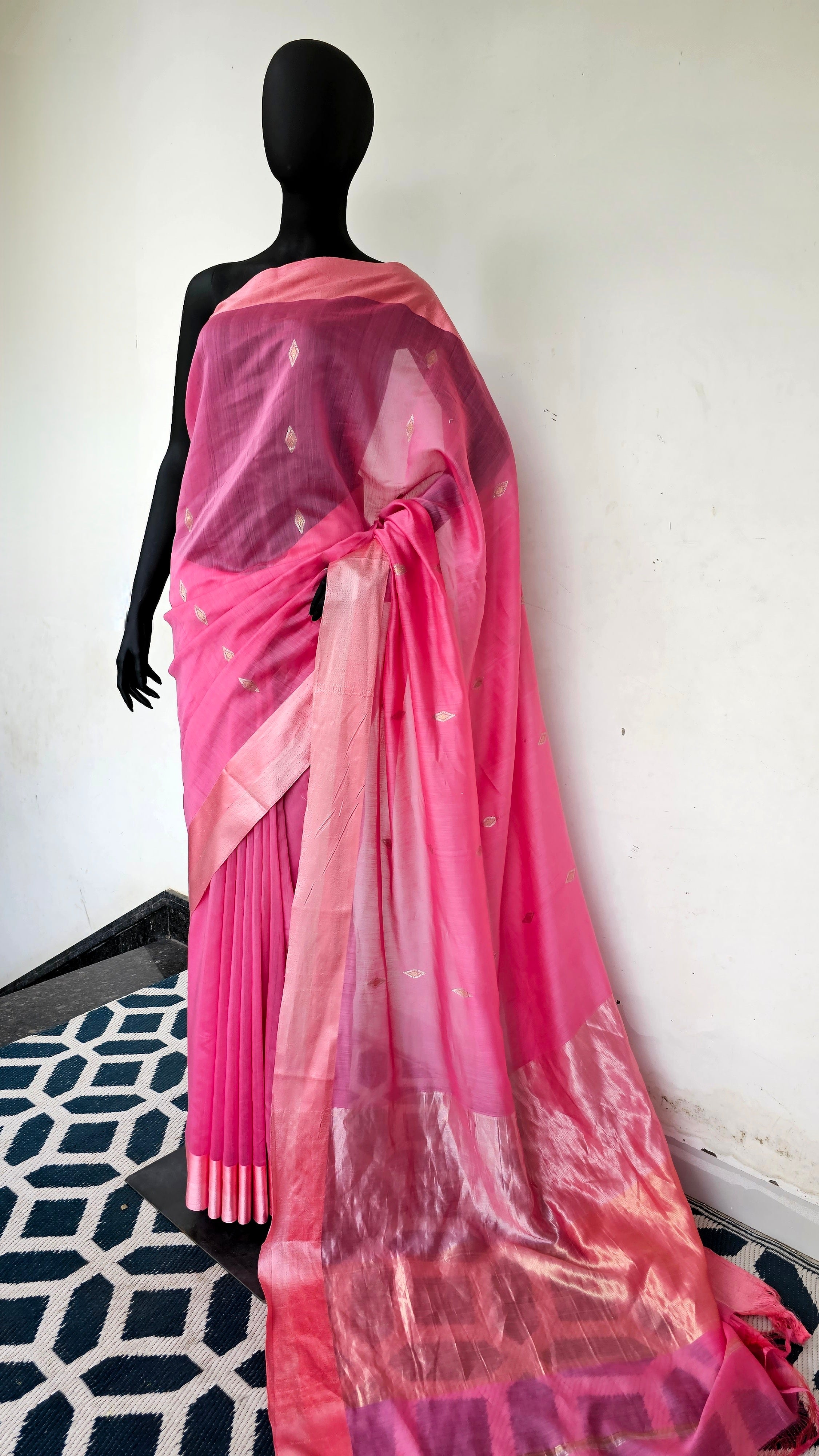 Saree with Silver/Gold Meena Booties, Silk Borders and Tissue Palla.