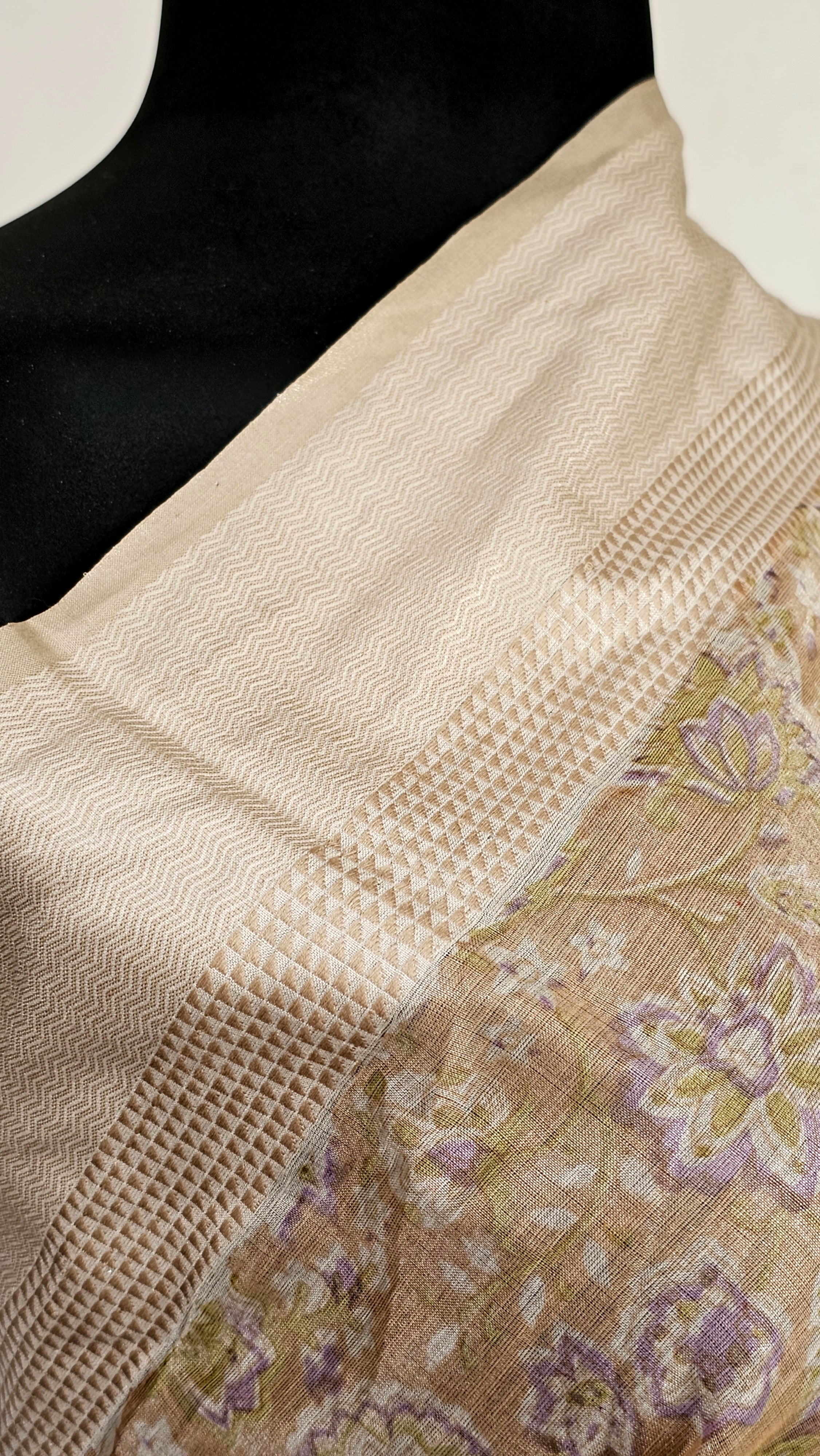 Silver Tissue Pure Cotton Saree with Thread Borders and Multicolor Prints.