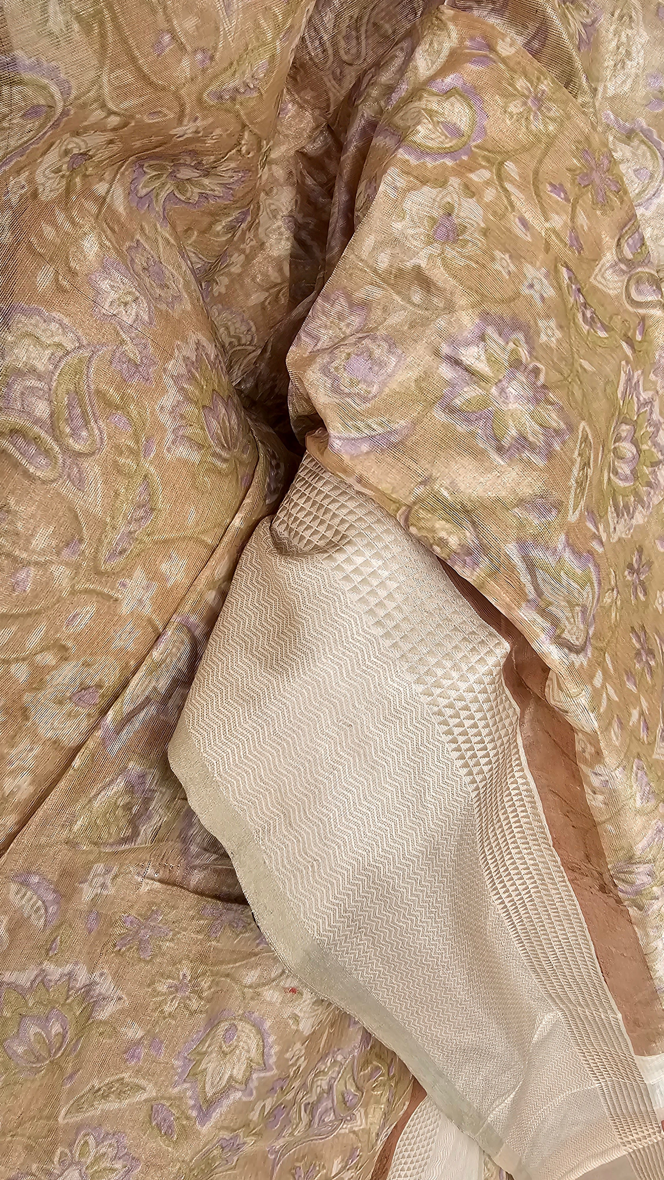 Silver Tissue Pure Cotton Saree with Thread Borders and Multicolor Prints.