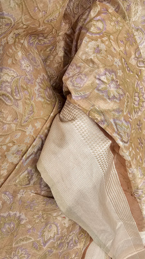 Silver Tissue Pure Cotton Saree with Thread Borders and Multicolor Prints.