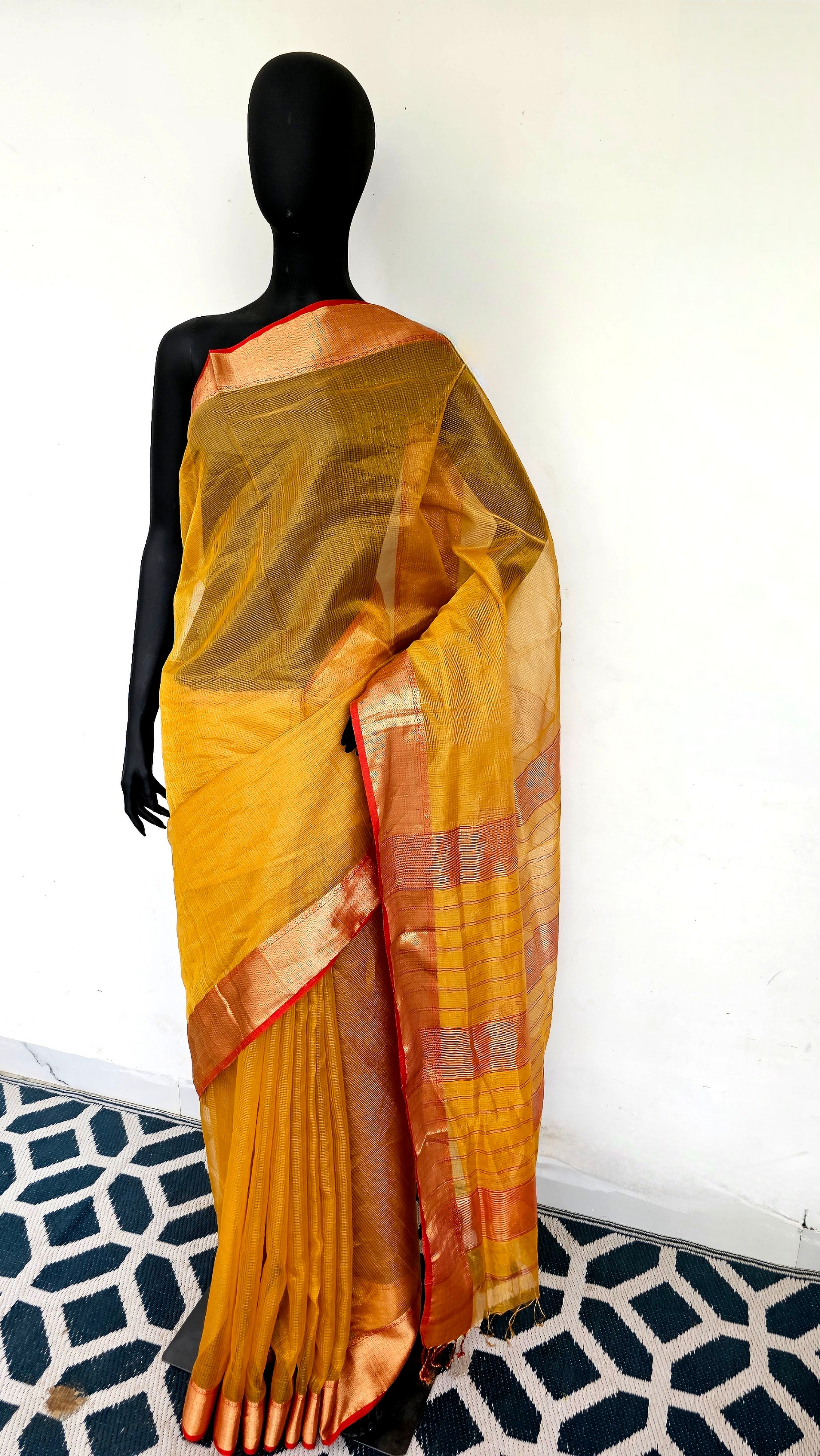Gold Tissue checks Saree with contrast Borders, Pallu and Blouse.