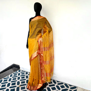 Gold Tissue checks Saree with contrast Borders, Pallu and Blouse.