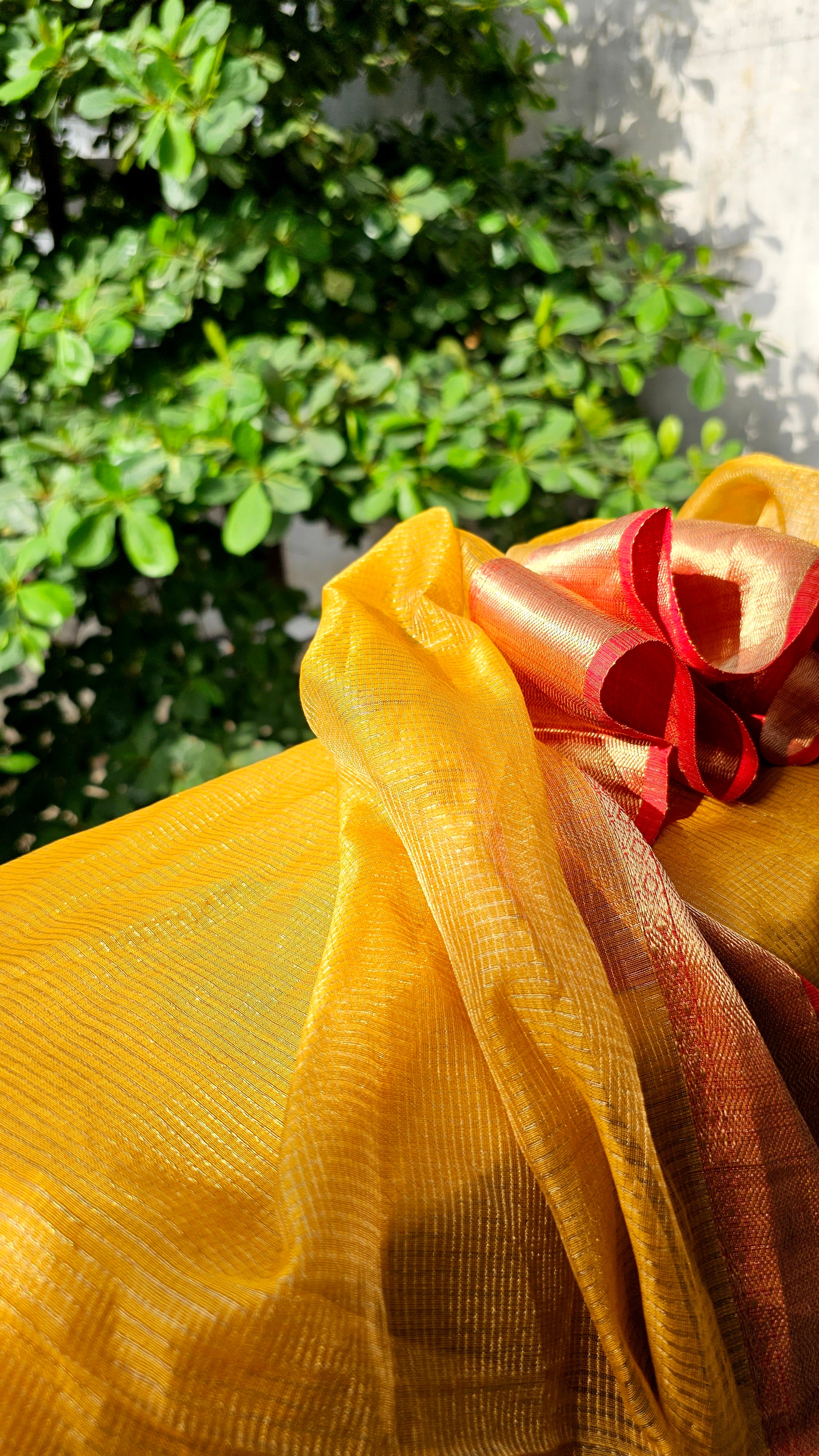 Gold Tissue checks Saree with contrast Borders, Pallu and Blouse.