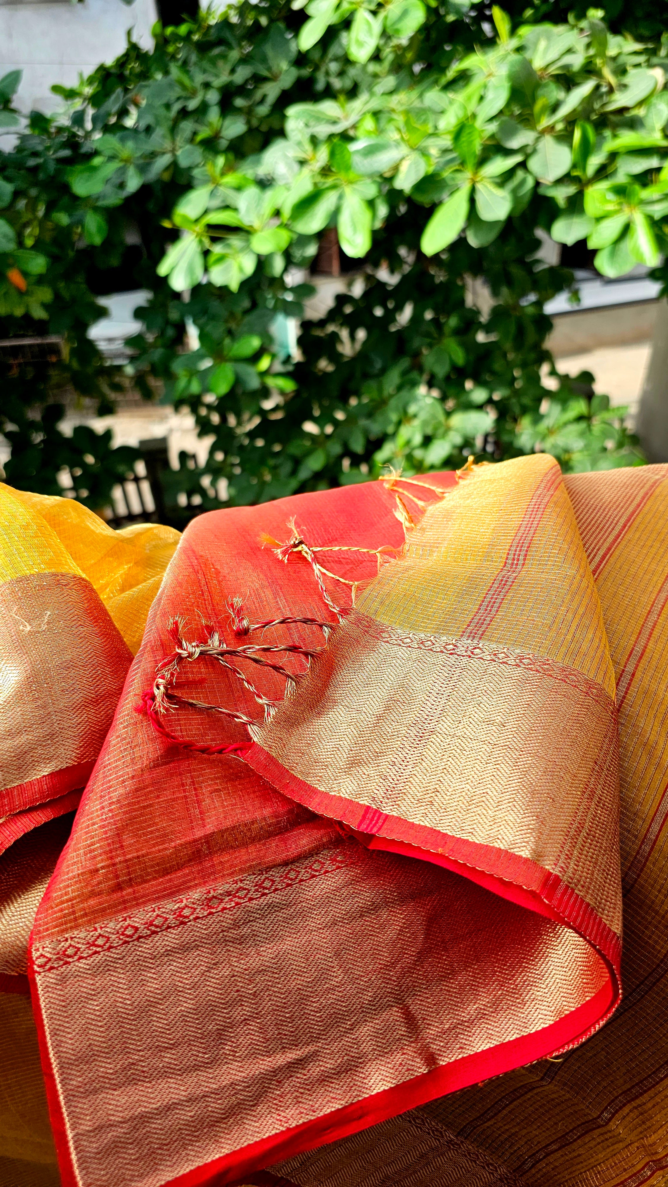 Gold Tissue checks Saree with contrast Borders, Pallu and Blouse.