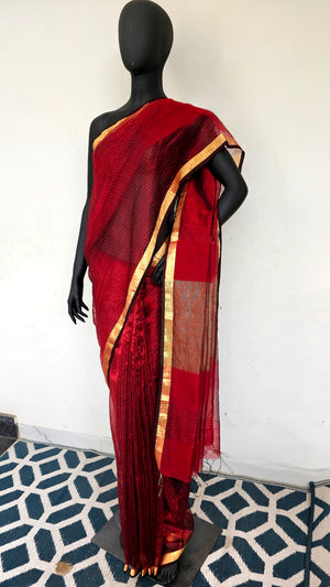 Saree with Maroon Colored Zari Weft Stripes and Flat Gold zari Borders.