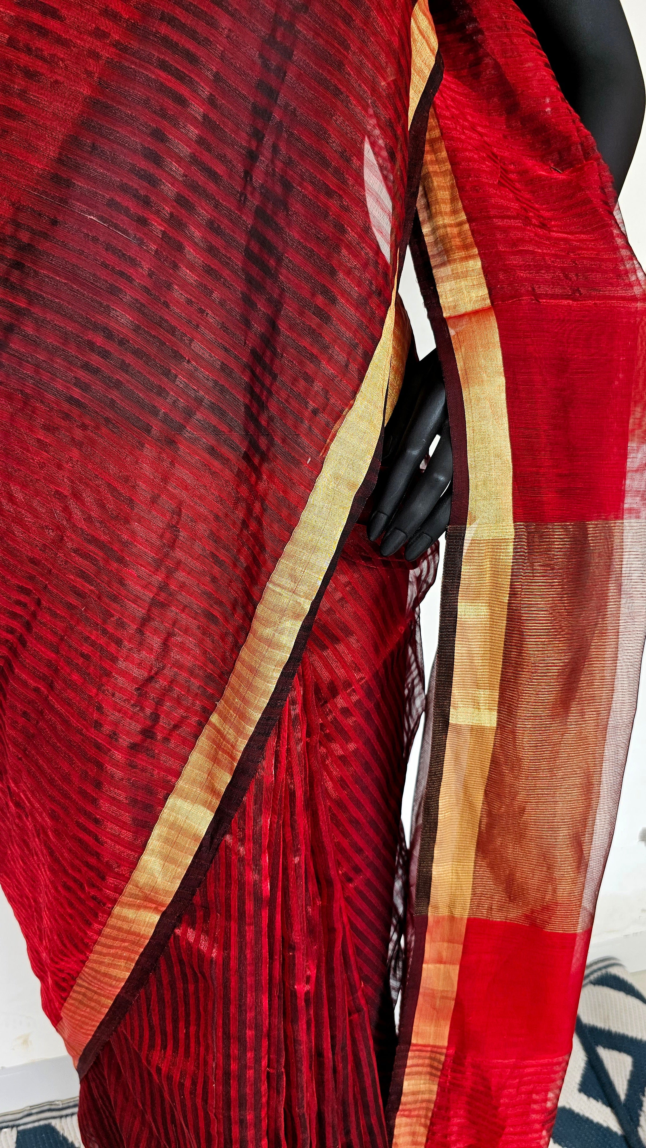 Saree with Maroon Colored Zari Weft Stripes and Flat Gold zari Borders.