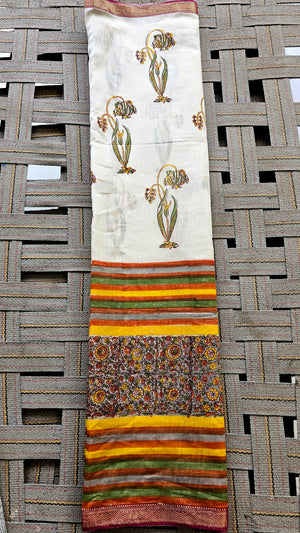 Maheshwari Handwoven Saree with Hand Block prints and Gold Zari Borders.