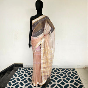Shimmering Elegance: Maheshwari Handwoven Tissue Organza Saree.