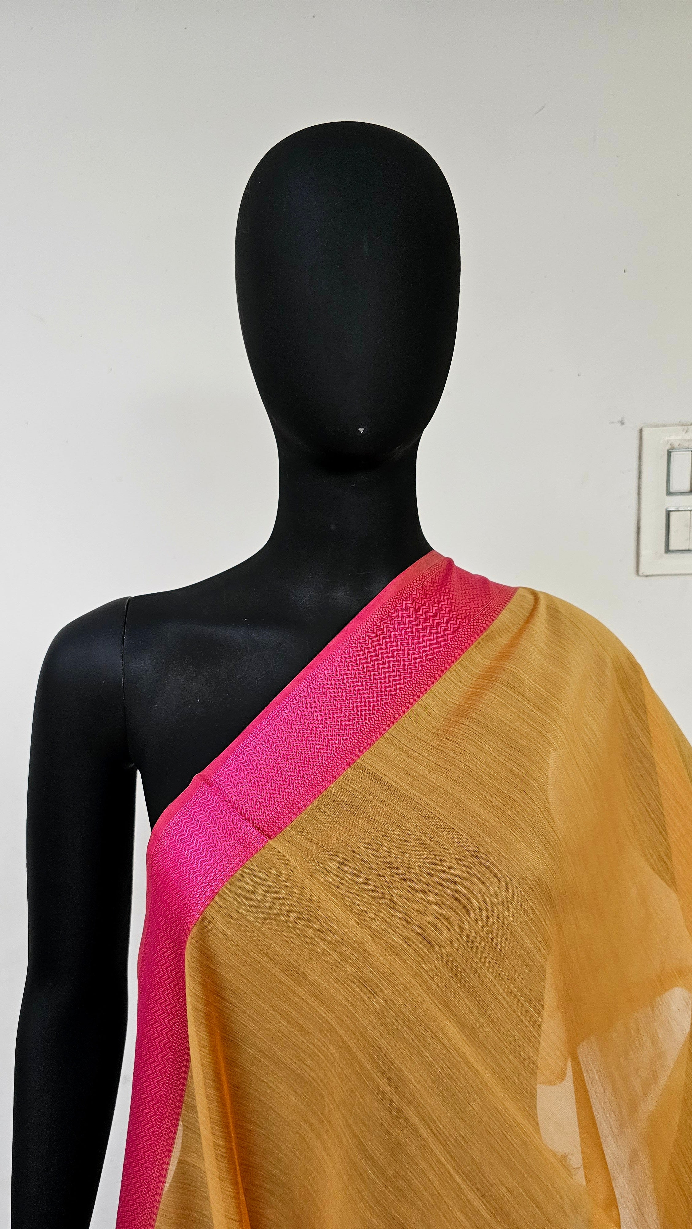 Maheshwari Handwoven Fabric: Yellow Bliss with Rani Pink Resham Border