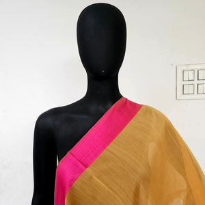 Maheshwari Handwoven Fabric: Yellow Bliss with Rani Pink Resham Border
