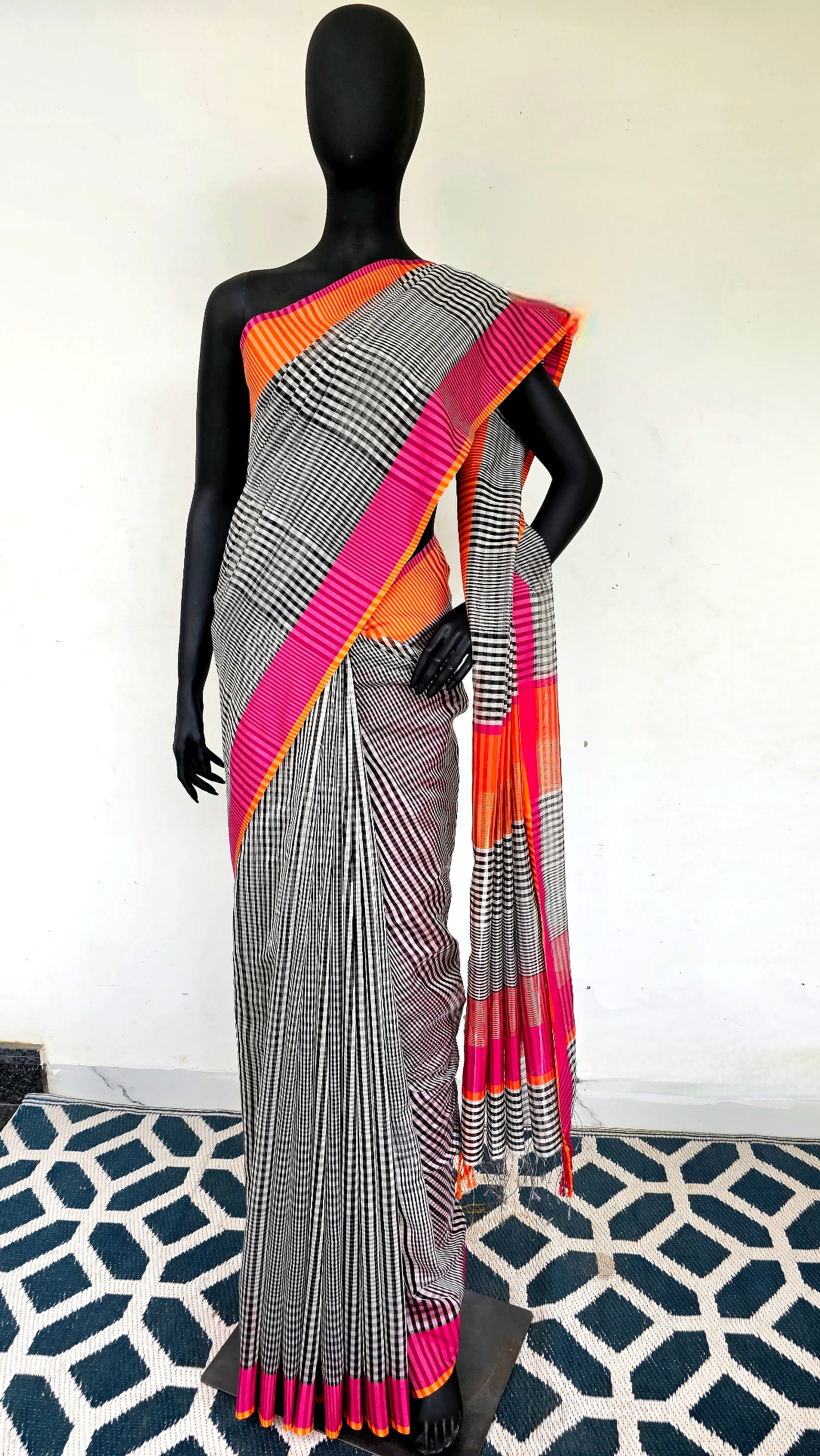 Indian Saree Treasure: Black and White Checks.