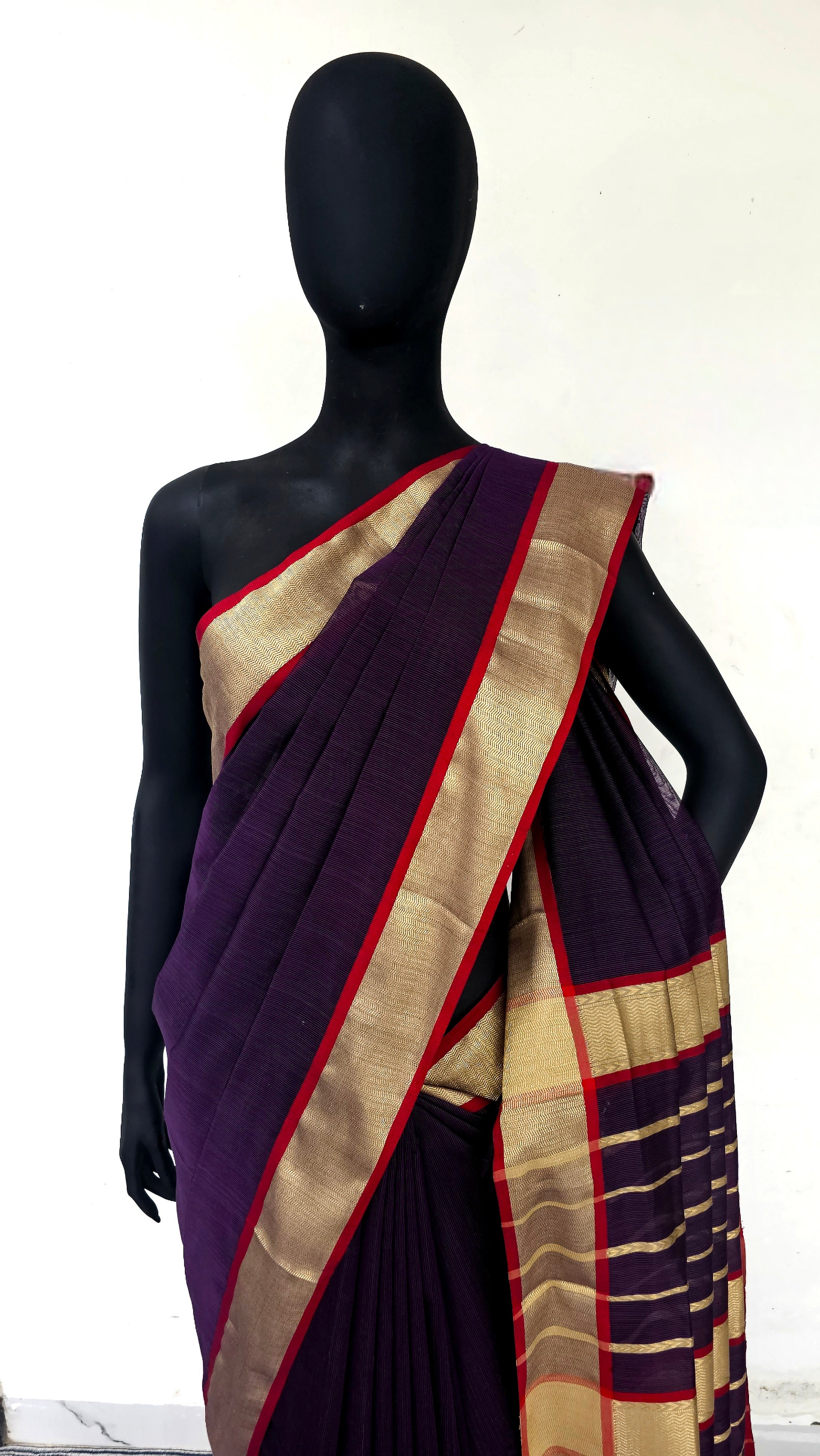 Elegant Purple Maheshwari Silk/Cotton Saree with Narmada Lehar Gold Zari Borders and Jaala Palla