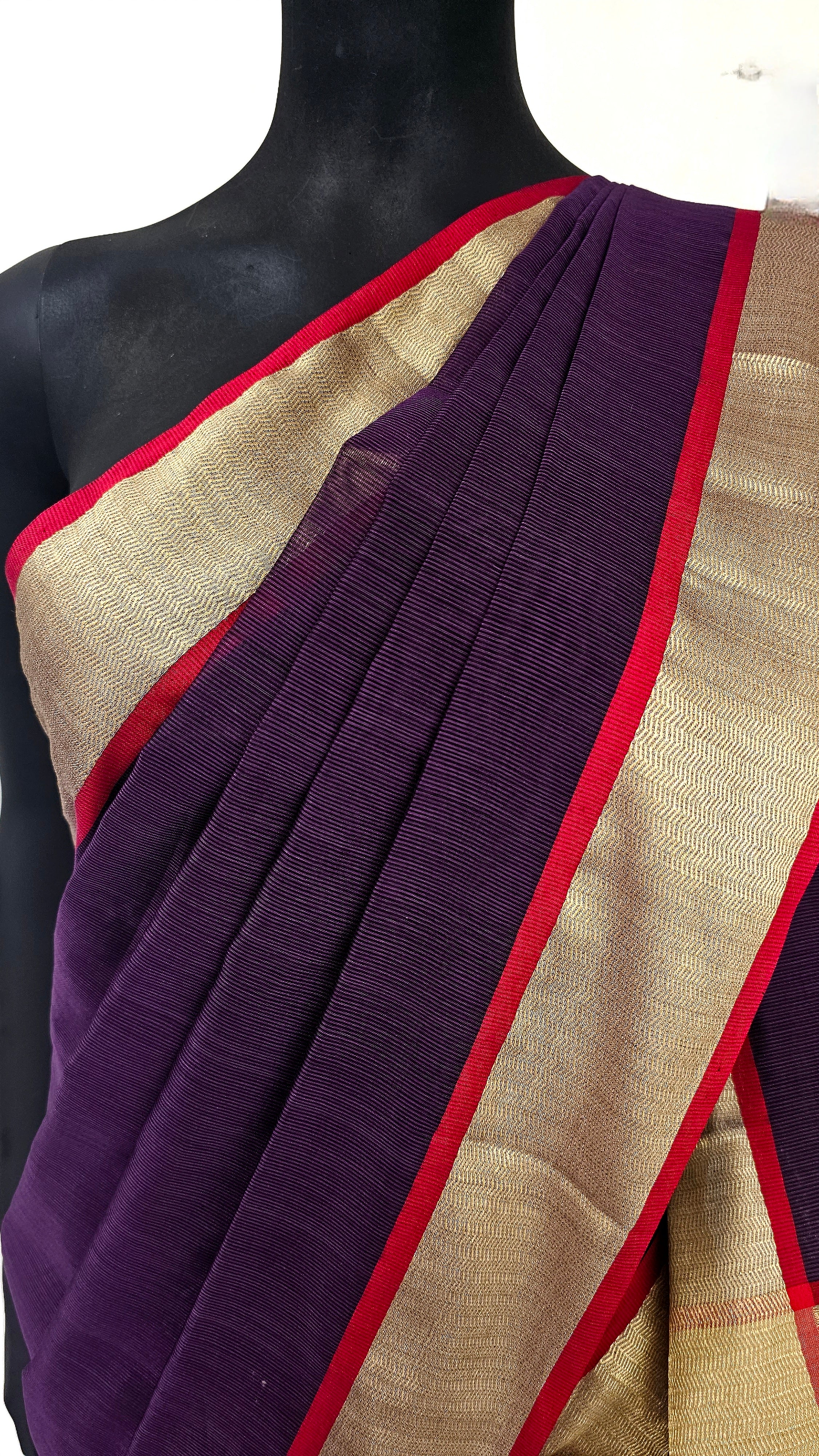 Elegant Purple Maheshwari Silk/Cotton Saree with Narmada Lehar Gold Zari Borders and Jaala Palla