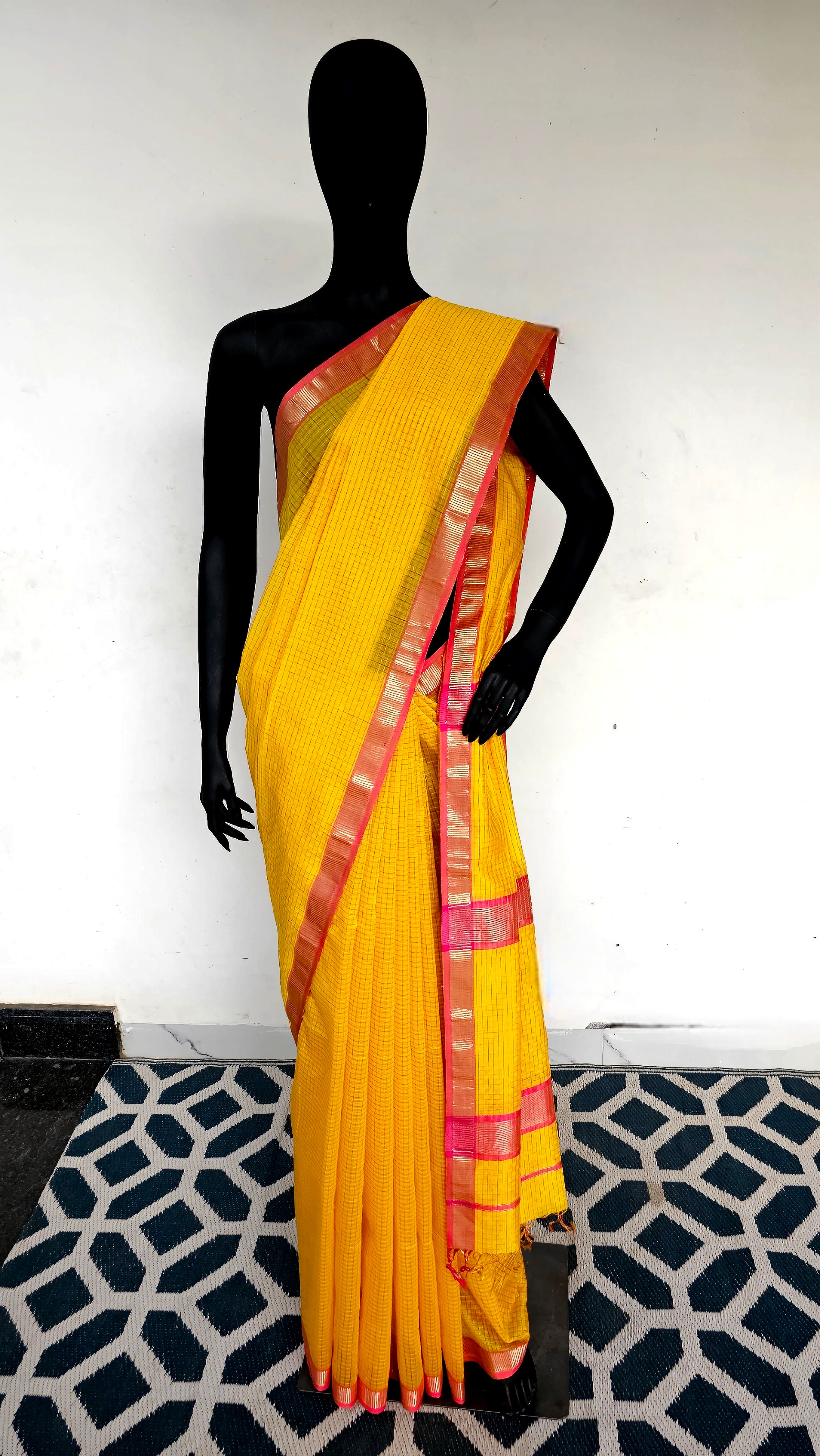 Shine Bright: Lemon Saree Adorned with Gold Zari Checks