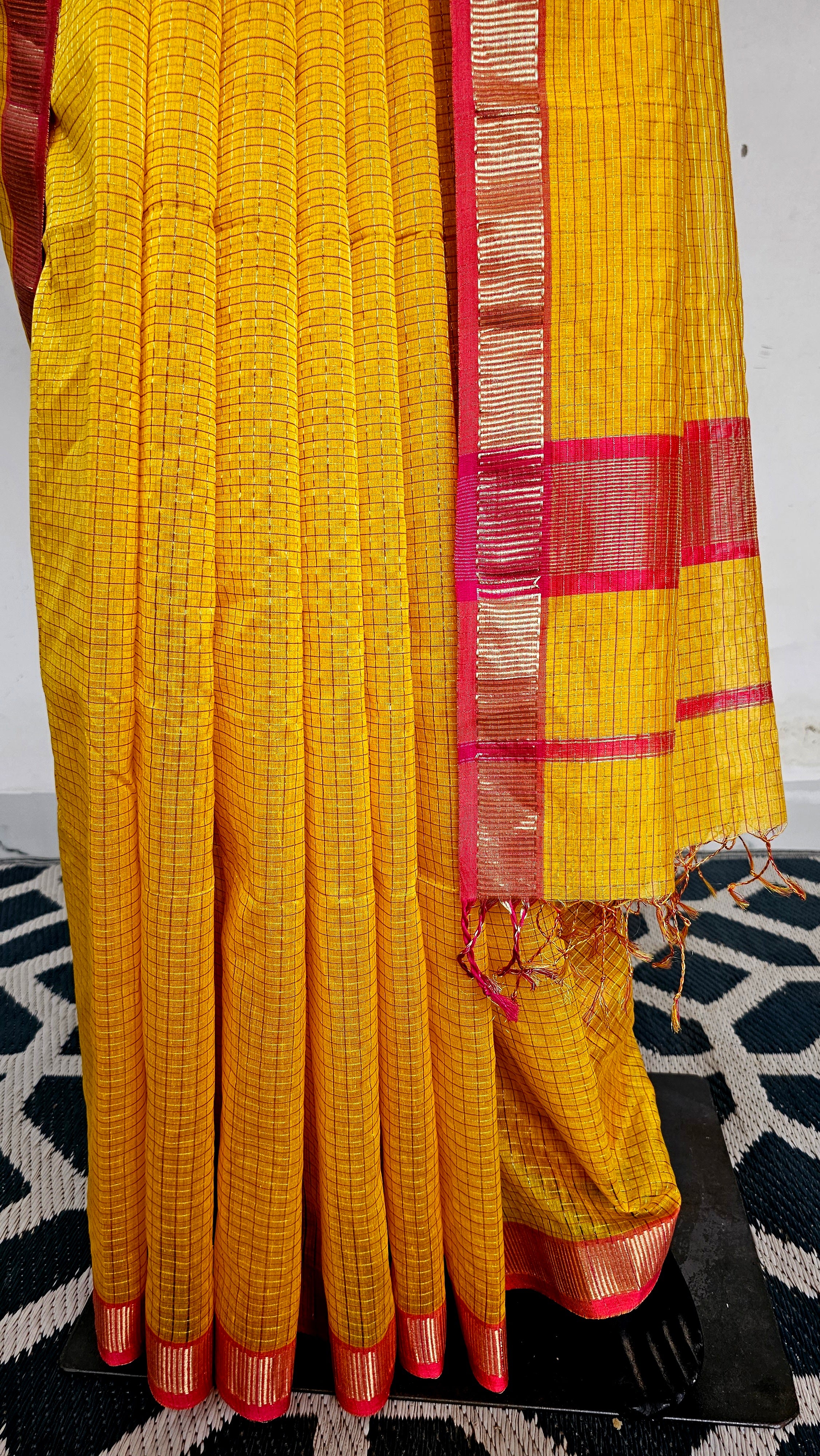 Shine Bright: Lemon Saree Adorned with Gold Zari Checks