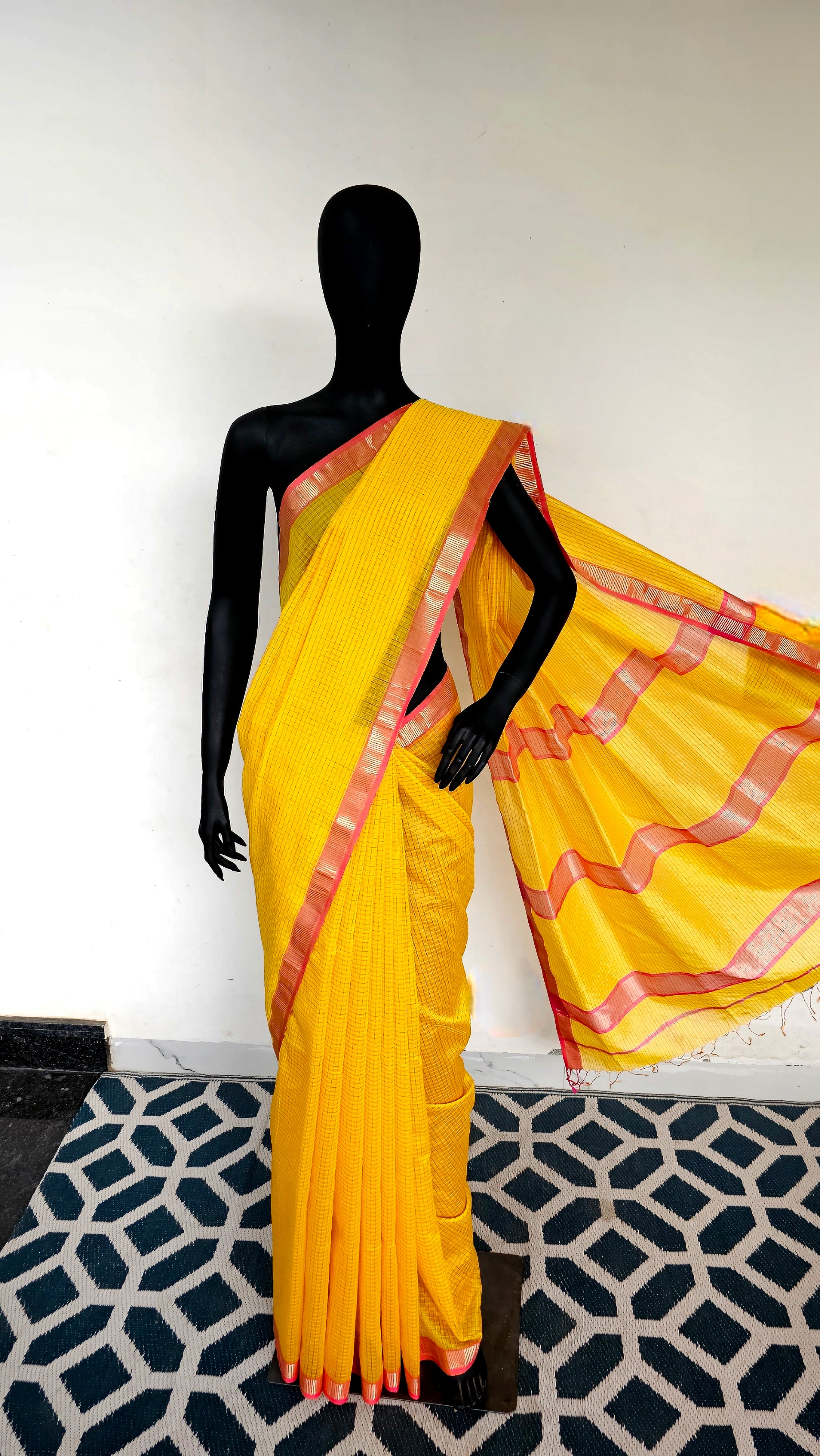 Shine Bright: Lemon Saree Adorned with Gold Zari Checks