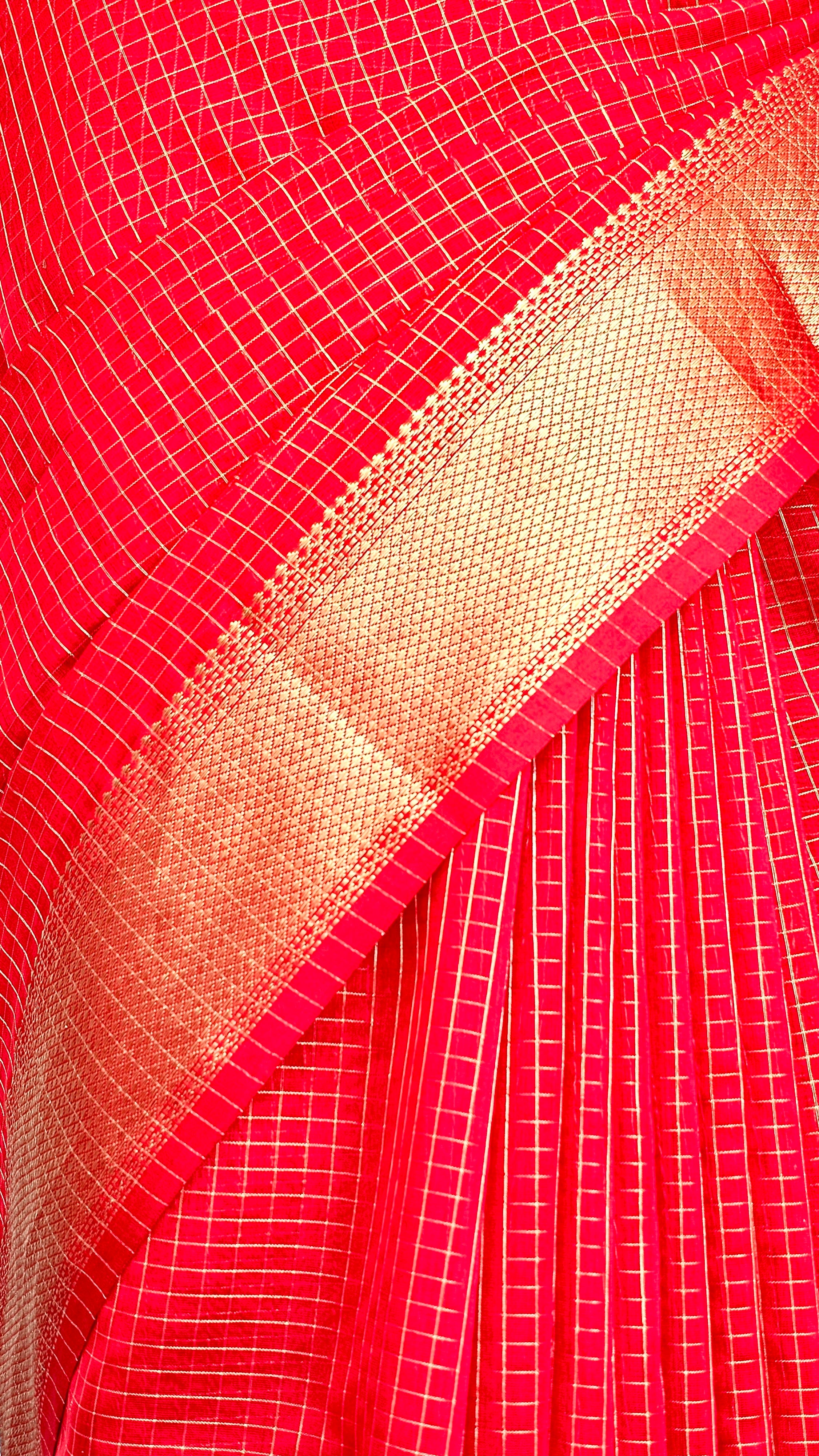 Radiant Elegance: Explore Gold Checks in Ravishing Red with "Chatai" Borders.