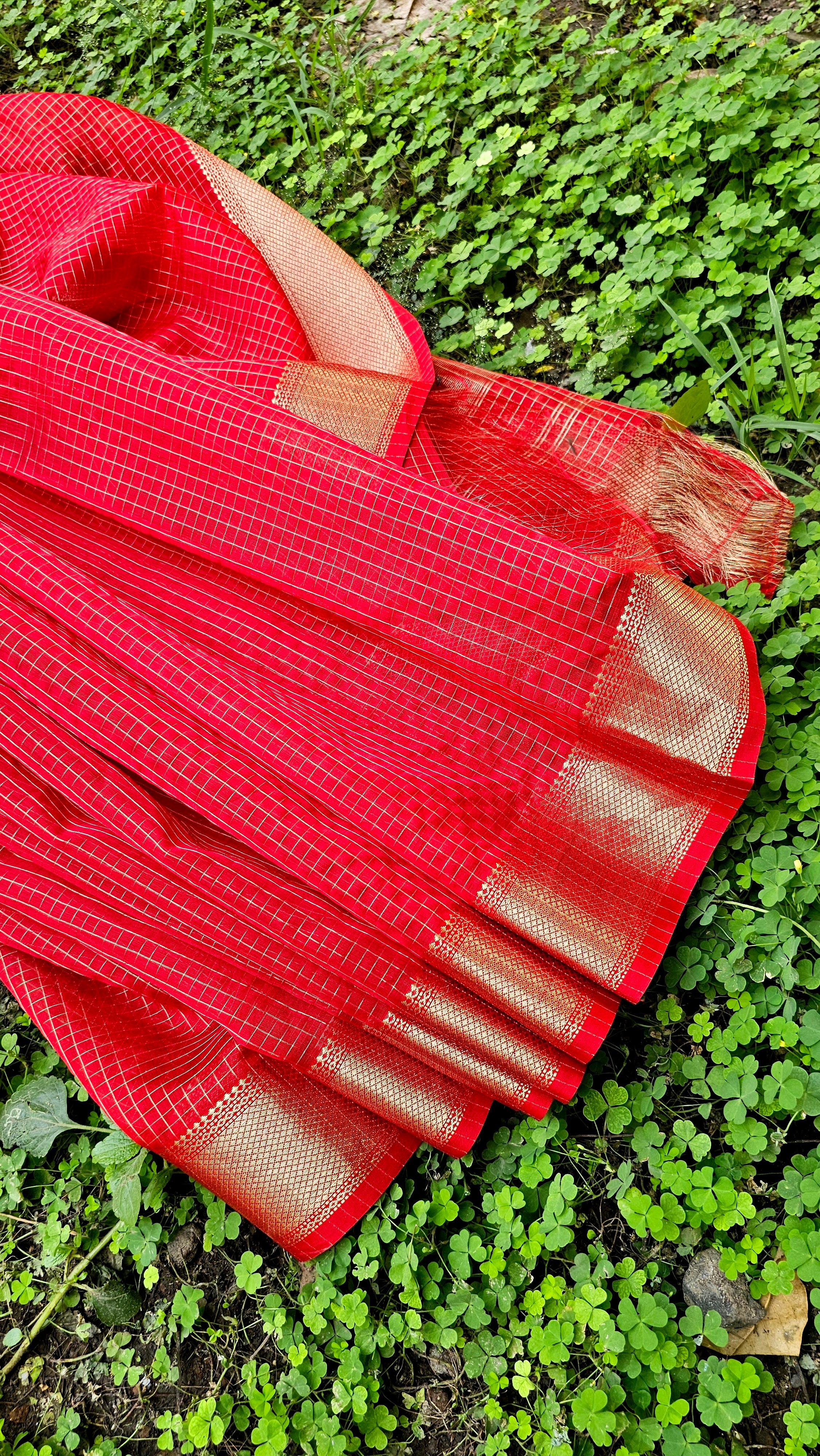 Radiant Elegance: Explore Gold Checks in Ravishing Red with "Chatai" Borders.