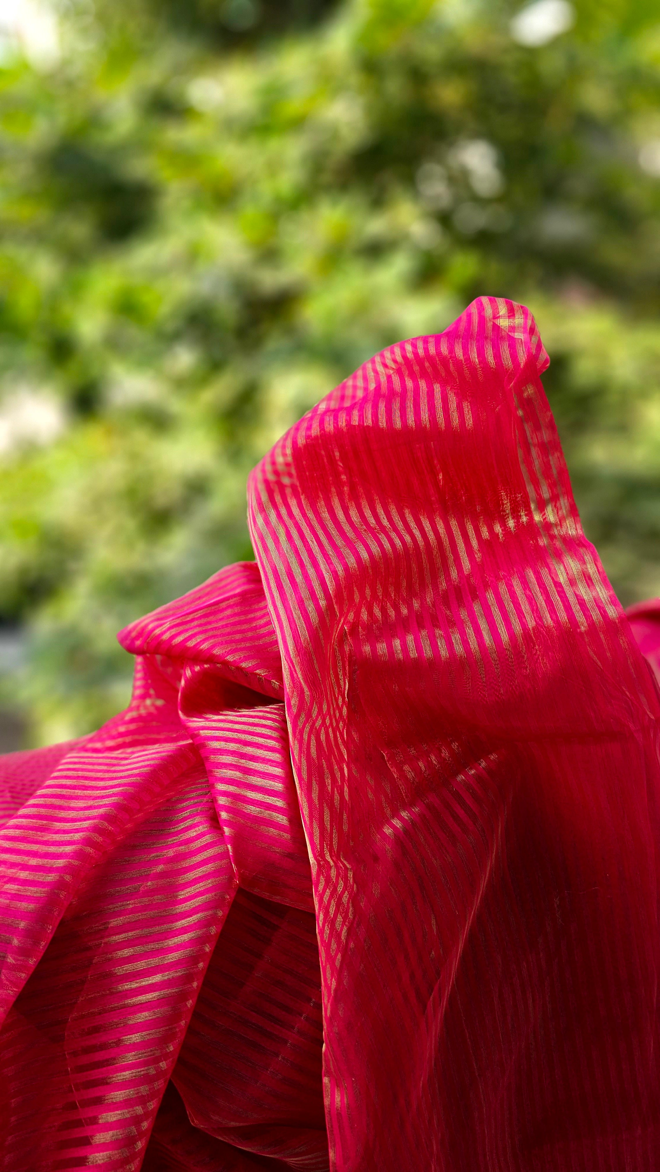 Golden Weft Stripes on Rani Pink Fabric: Designer's Delight
