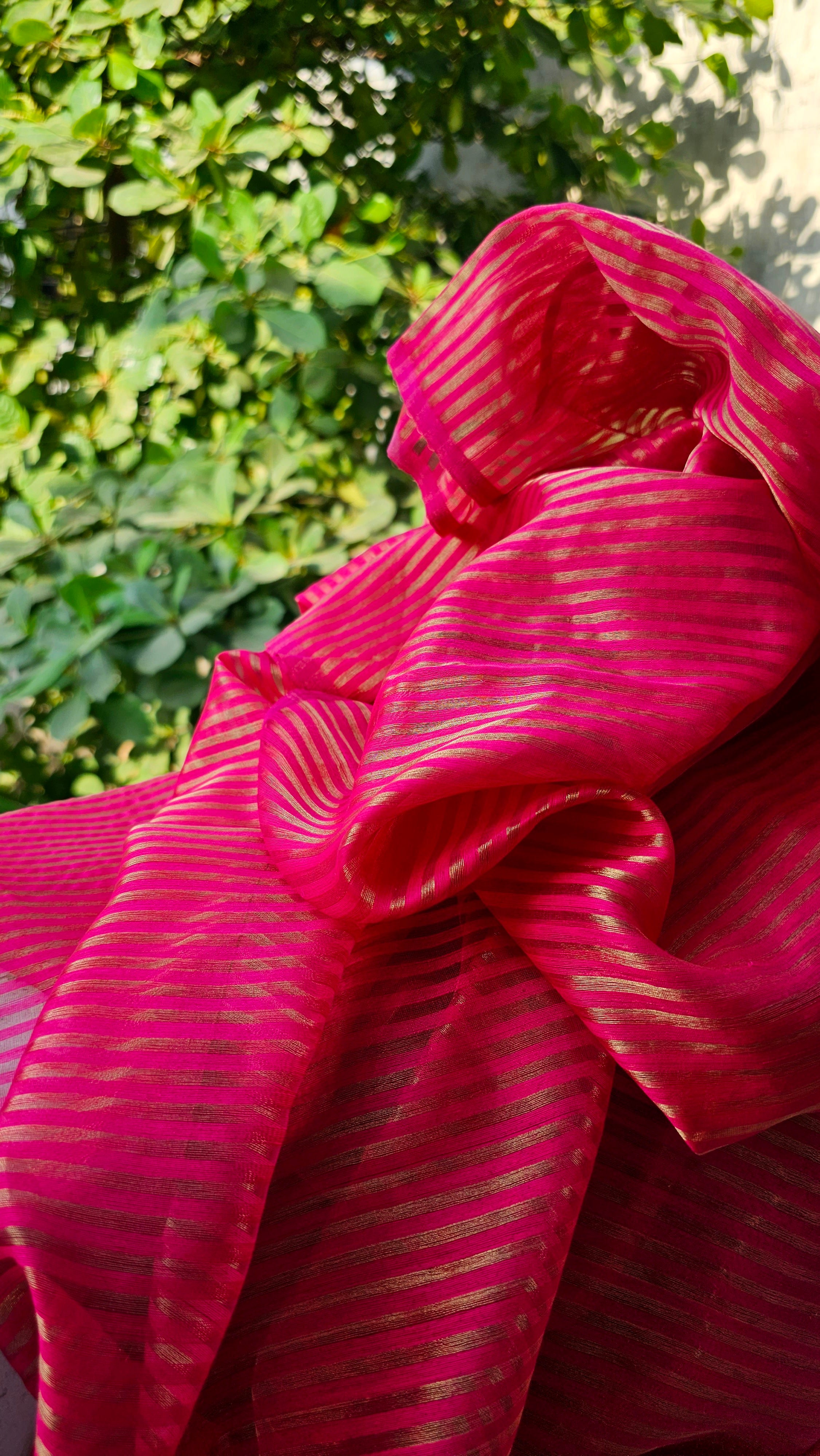 Golden Weft Stripes on Rani Pink Fabric: Designer's Delight