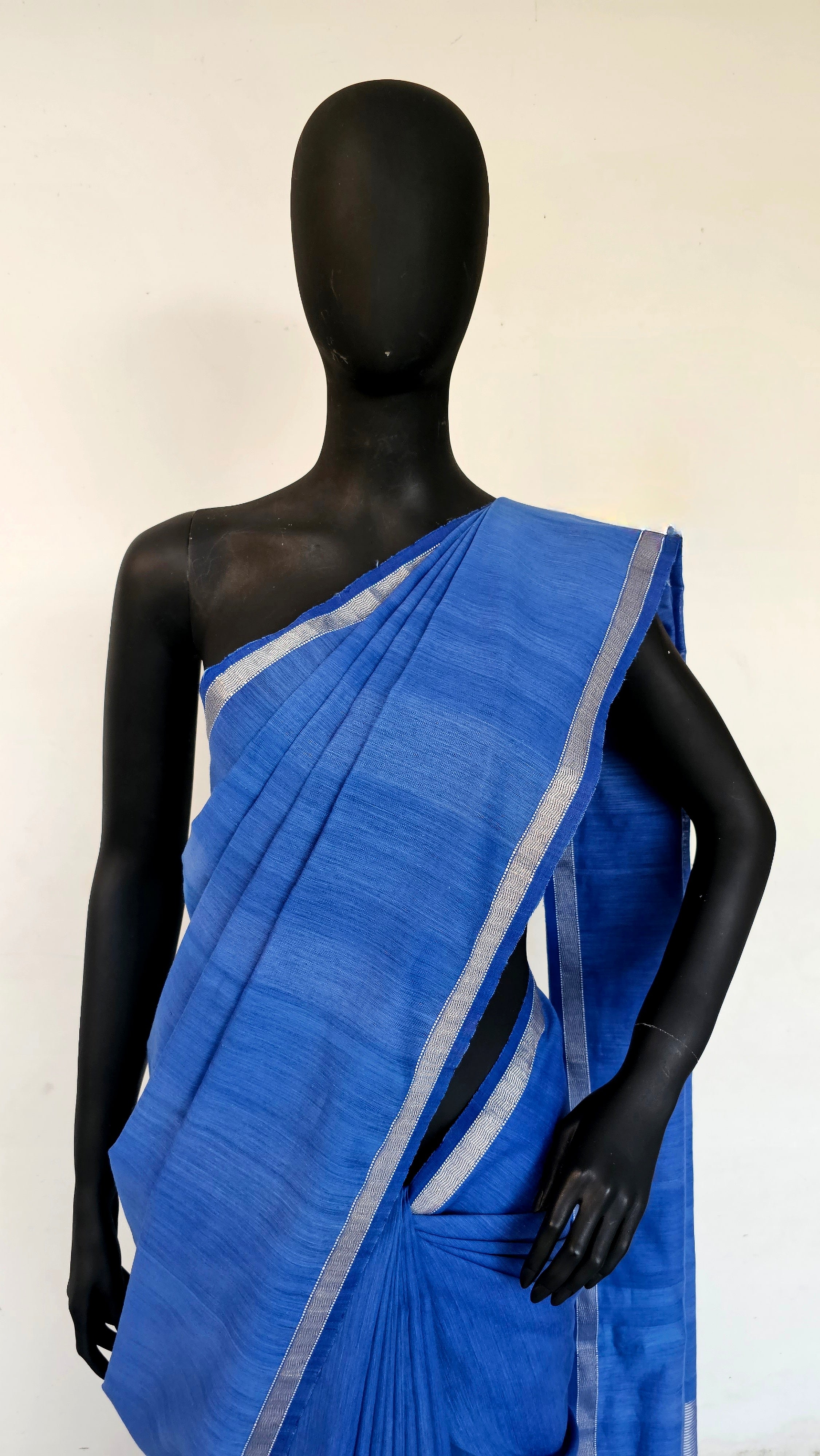 Narmada's Silver Touch: Handspun Cotton Weft Saree in Beautiful Blue