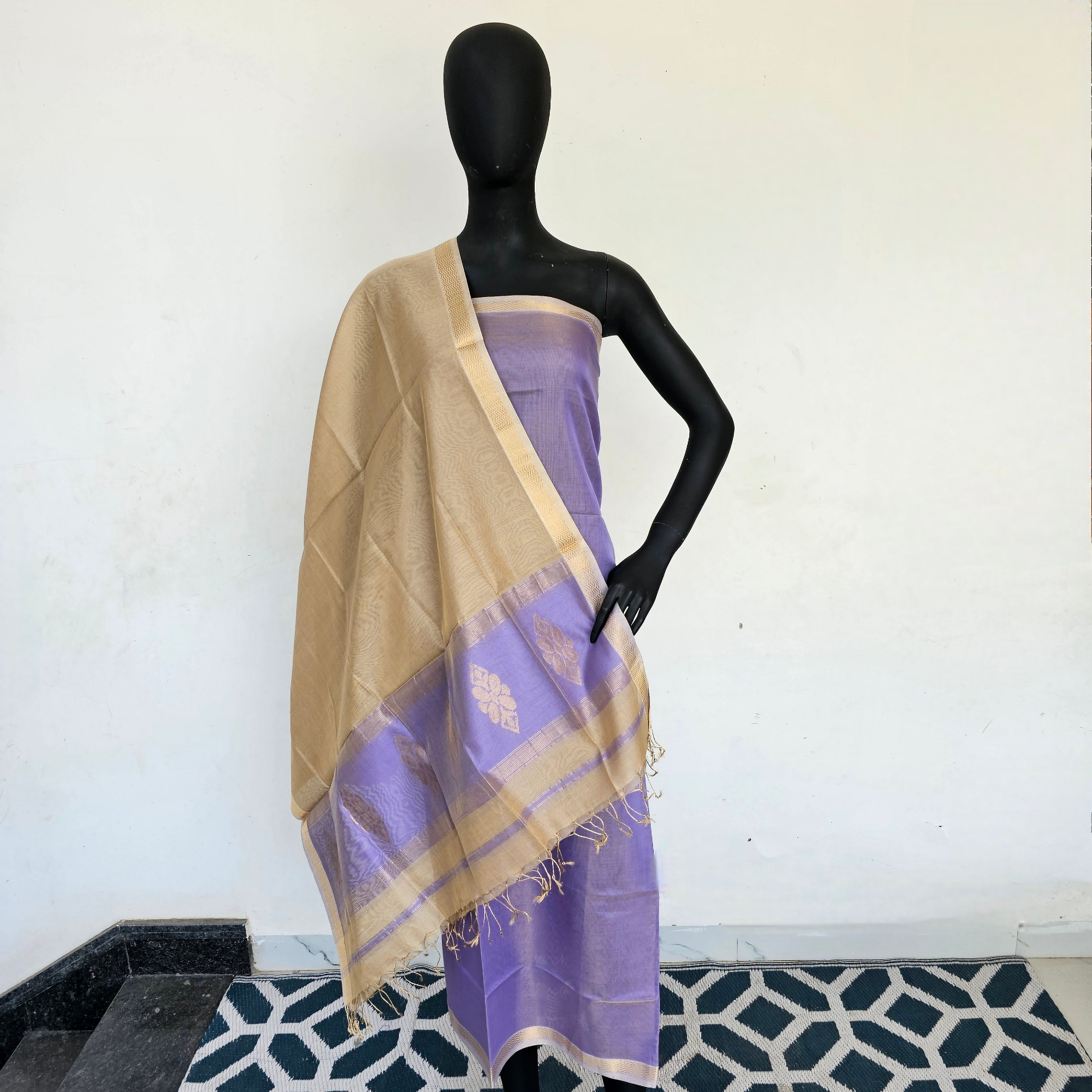Gold Tissue Glamour: Lavander and Beige Top and Dupatta Sets Adorned with Gold Butas
