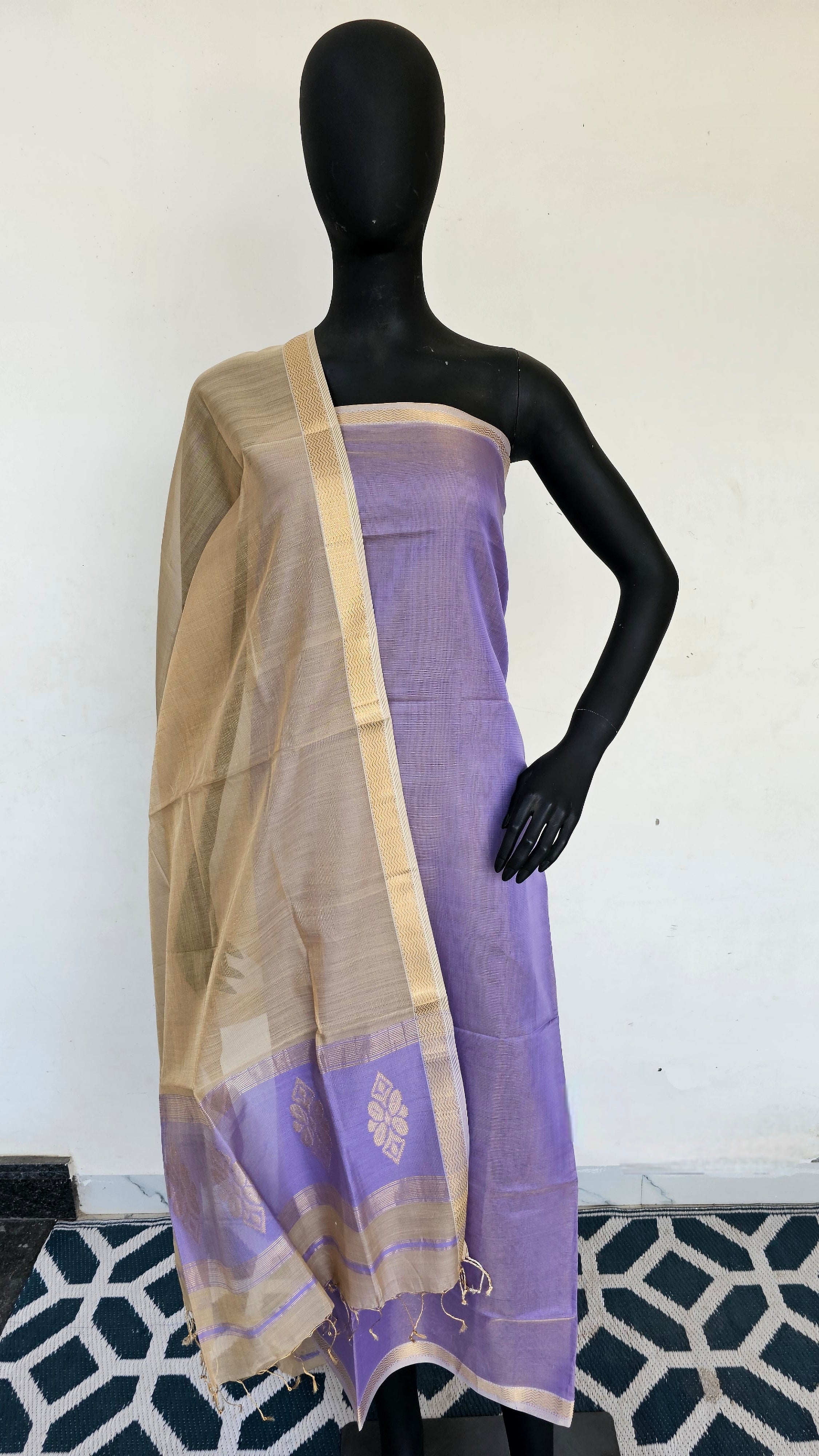 Gold Tissue Glamour: Lavander and Beige Top and Dupatta Sets Adorned with Gold Butas