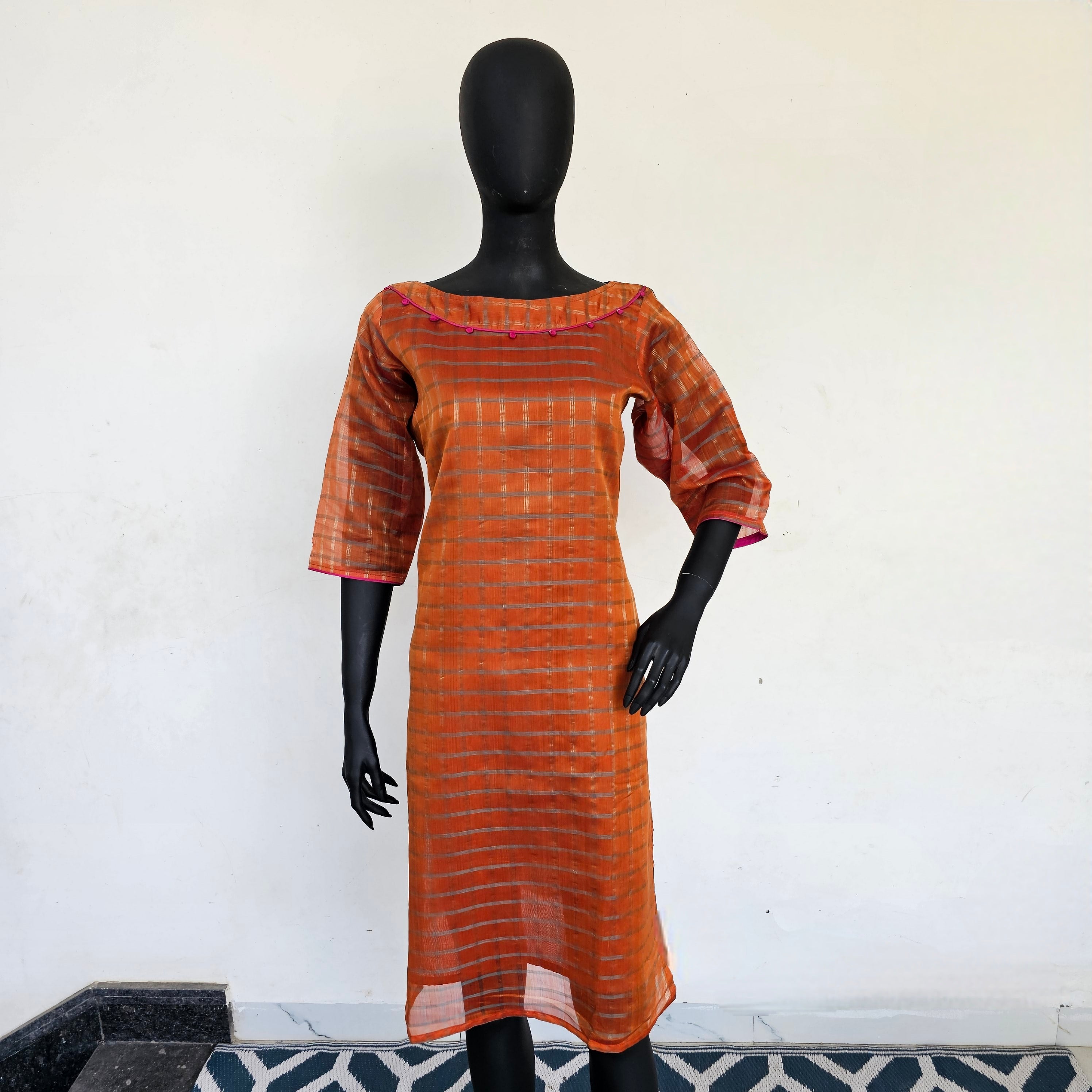 Discover 'Rust Elegance': Ready to Wear Kurta with Gold Checks and Sustainability at Its Core.