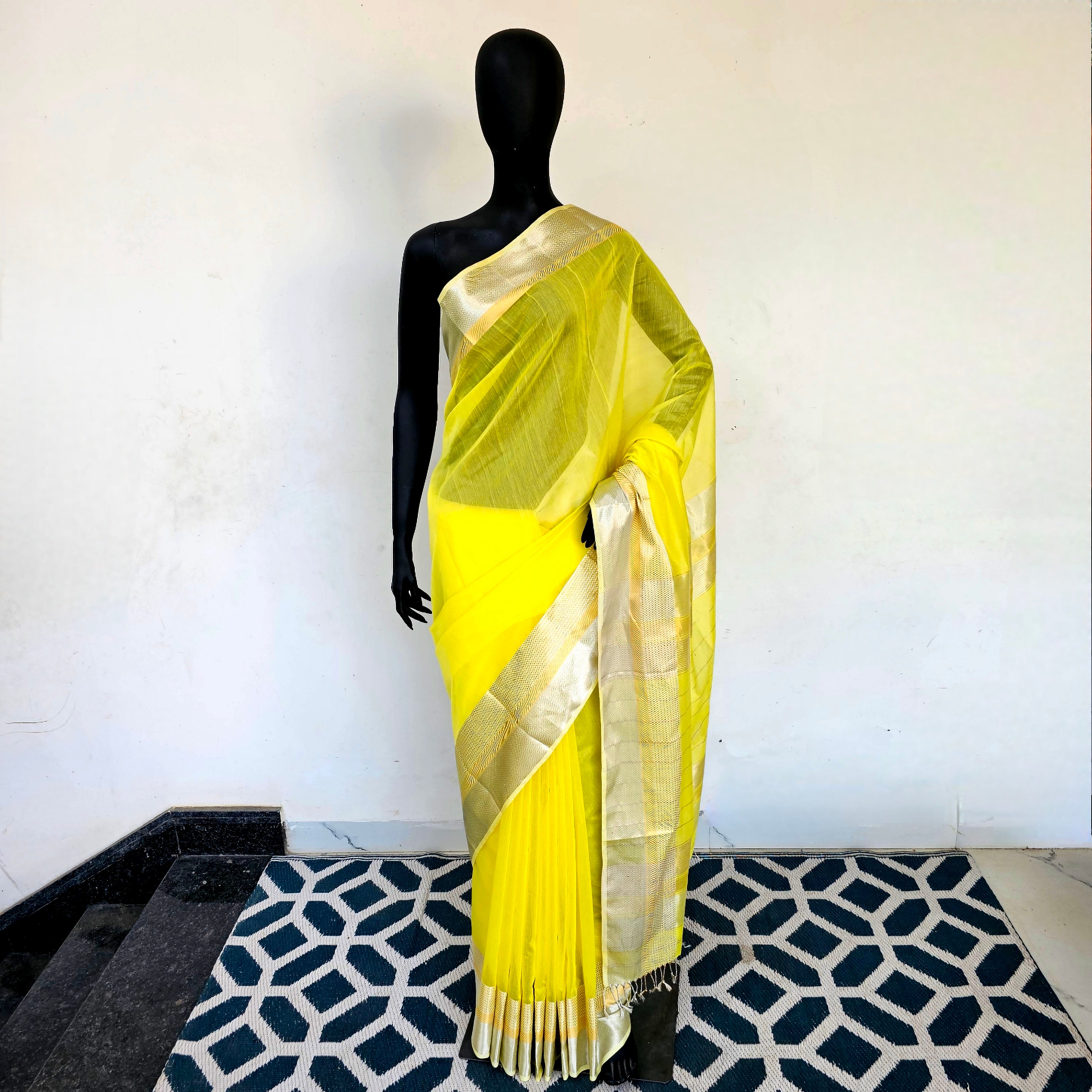 Saree Extravaganza: Lemon Yellow Beauty with Silver and Gold Zari Borders for Festivals