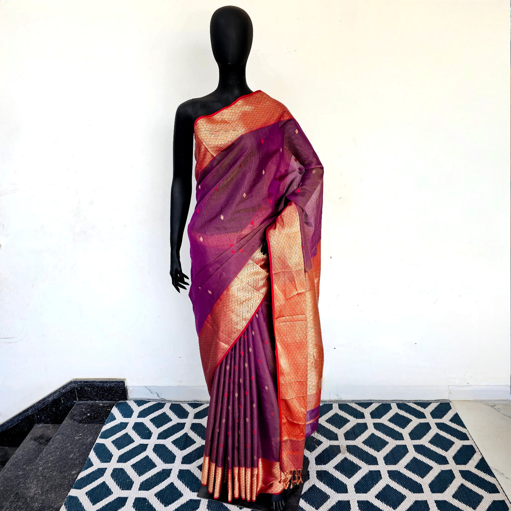 Luxurious Gold Tissue Saree: Magenta Bliss with Red Accents