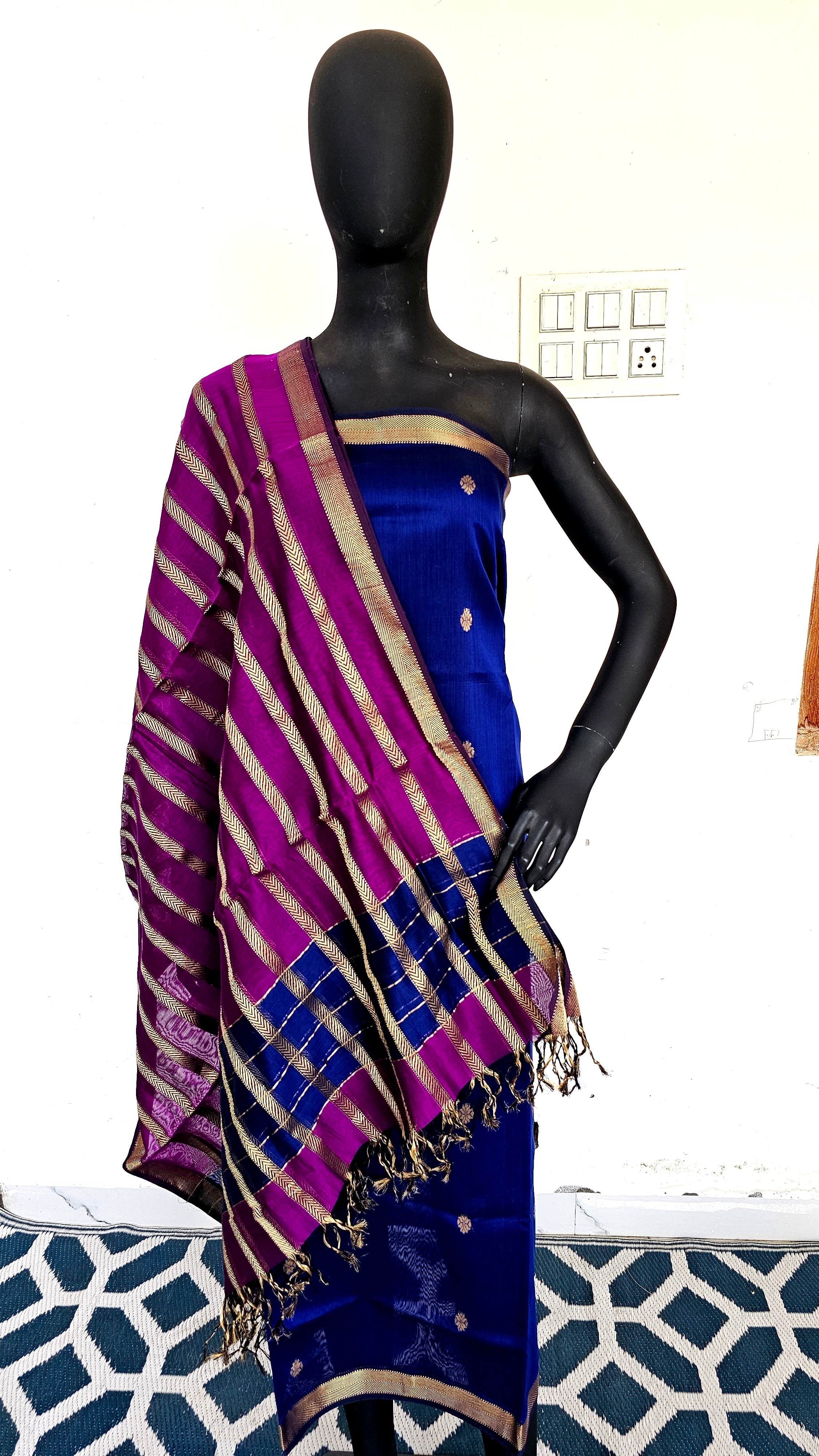 Royal Bliss: Top and Dupatta Extravaganza in Purple and Blue with 16 Gold Zari Borders.